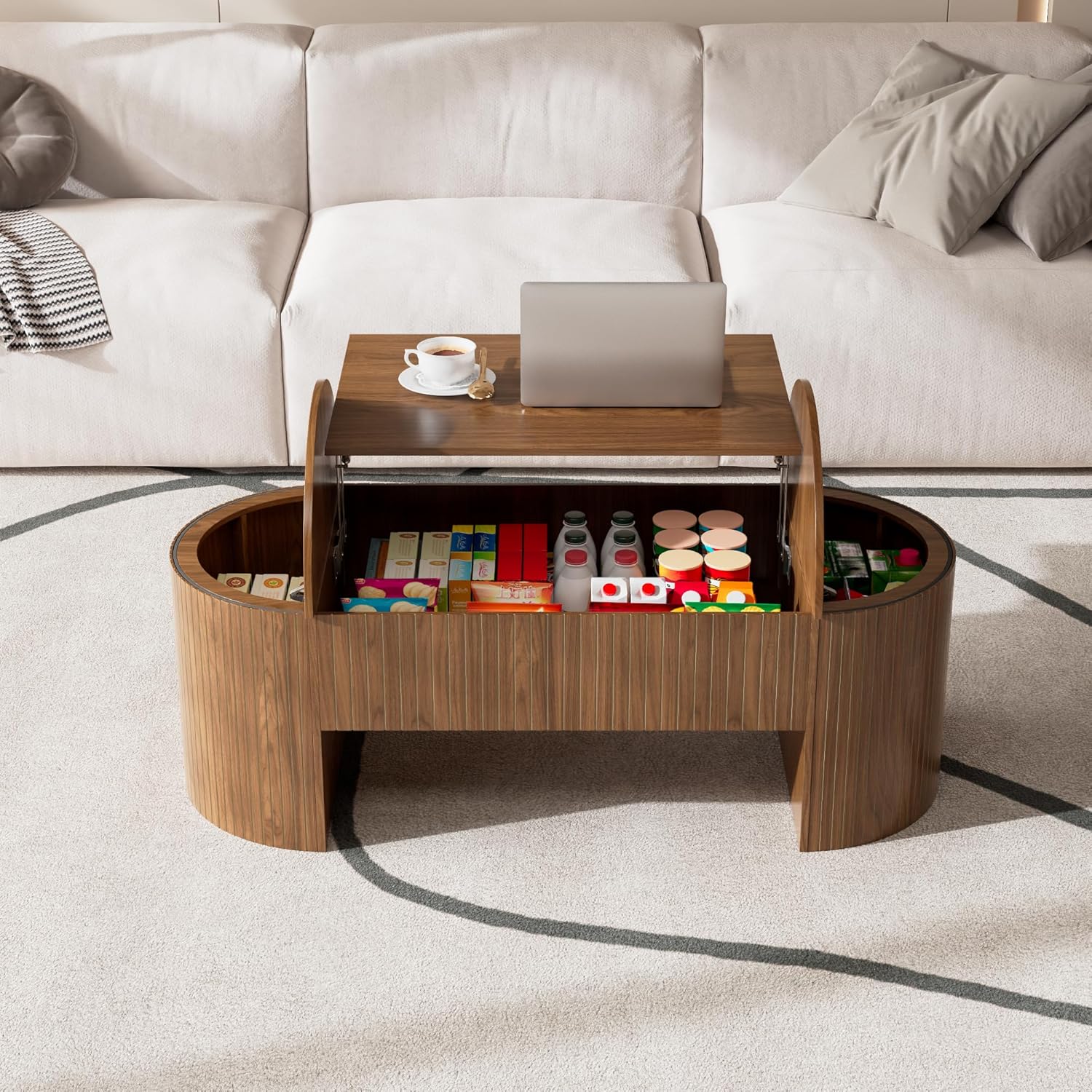 Oval Lift Top Coffee Table with Hidden Storage, Mid Century Modern Coffee Table with Lift Tabletop for Living Room, 47 Inch Large Wooden Center Table for Home Office (Walnut)