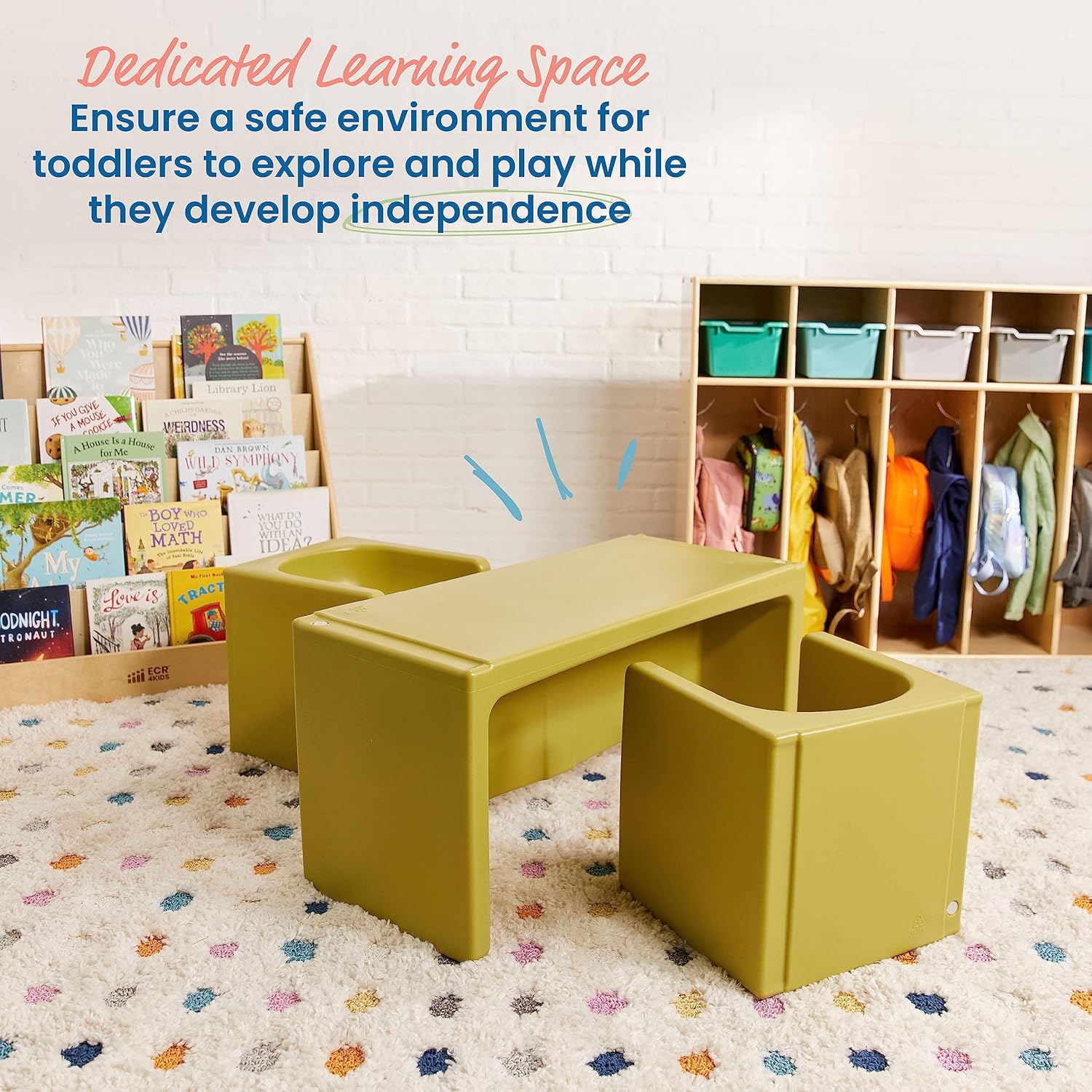 ECR4Kids Tri-Me Table and Cube Chair Set, Multipurpose Furniture, Fern Green, 3-Piece
