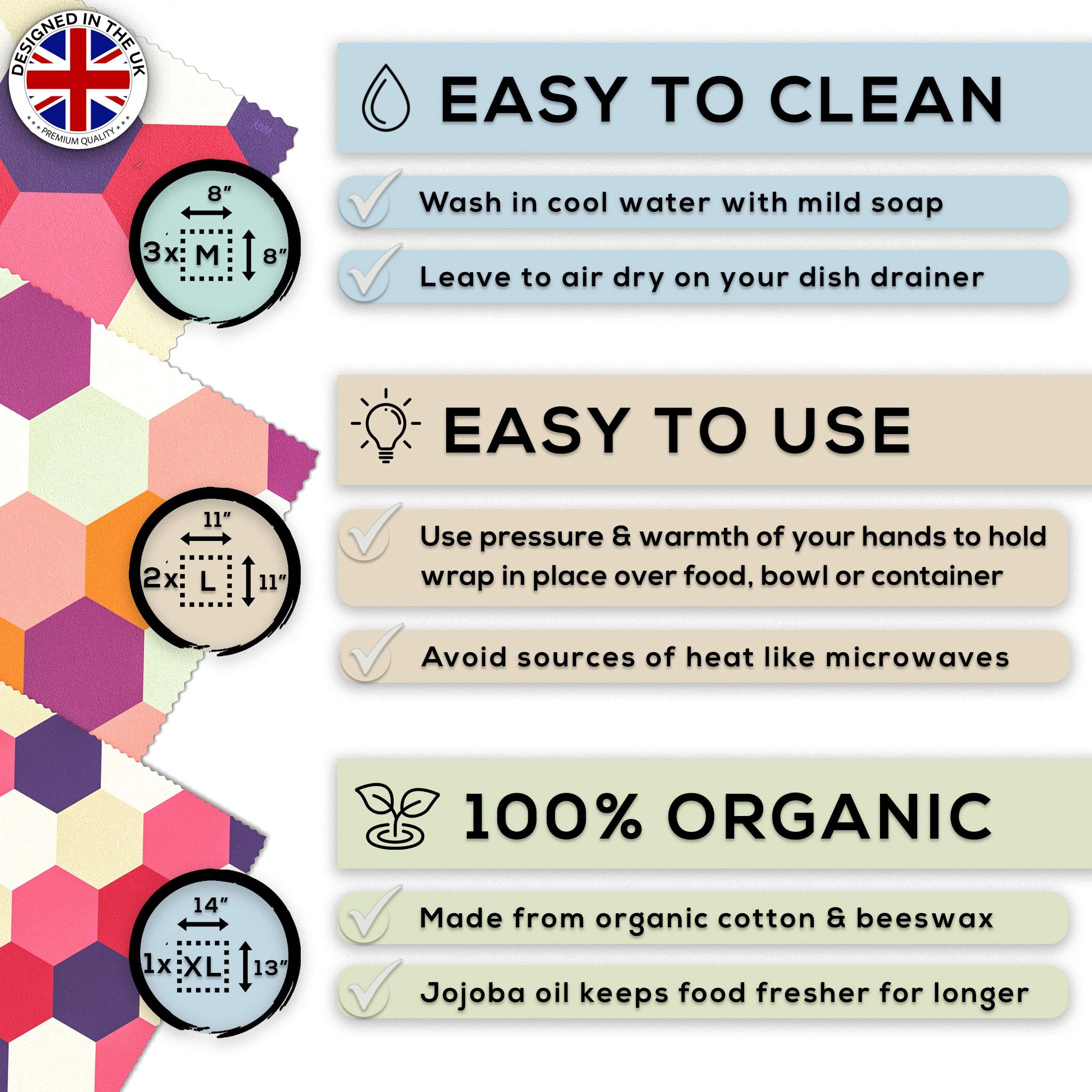 WAFE Beeswax Food Wrap Set of 3 + 3 Reusable Stretchy Silicone Lids, Food Wax Wraps - Eco Friendly Gifts Sandwich Wrappers - Cling Film Alternative Plastic Free Bowl Covers with eBook