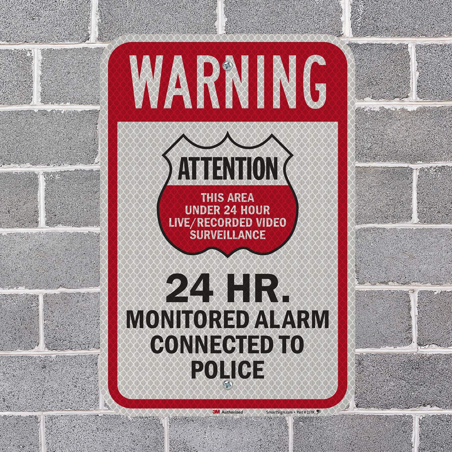 SmartSign 3M Señal reflectante de alta intensidad, leyenda "Warning: Attention 24 Hr. Monitored Alarm", 18 pulgadas de alto x 12 pulgadas de ancho, negro/rojo sobre blanco