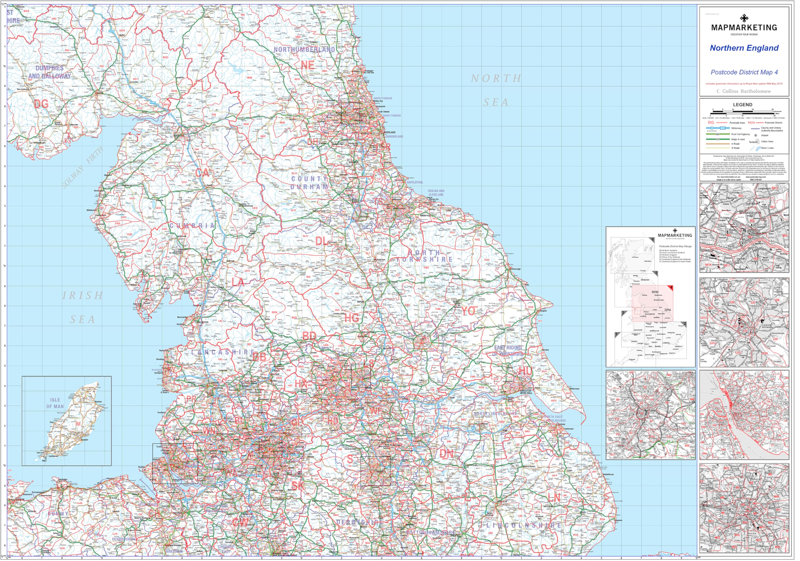 Postcode District Map 4 Northern England (Newcastle Upon Tyne, Leeds, Manchester and Liverpool) - Laminated Wall Map