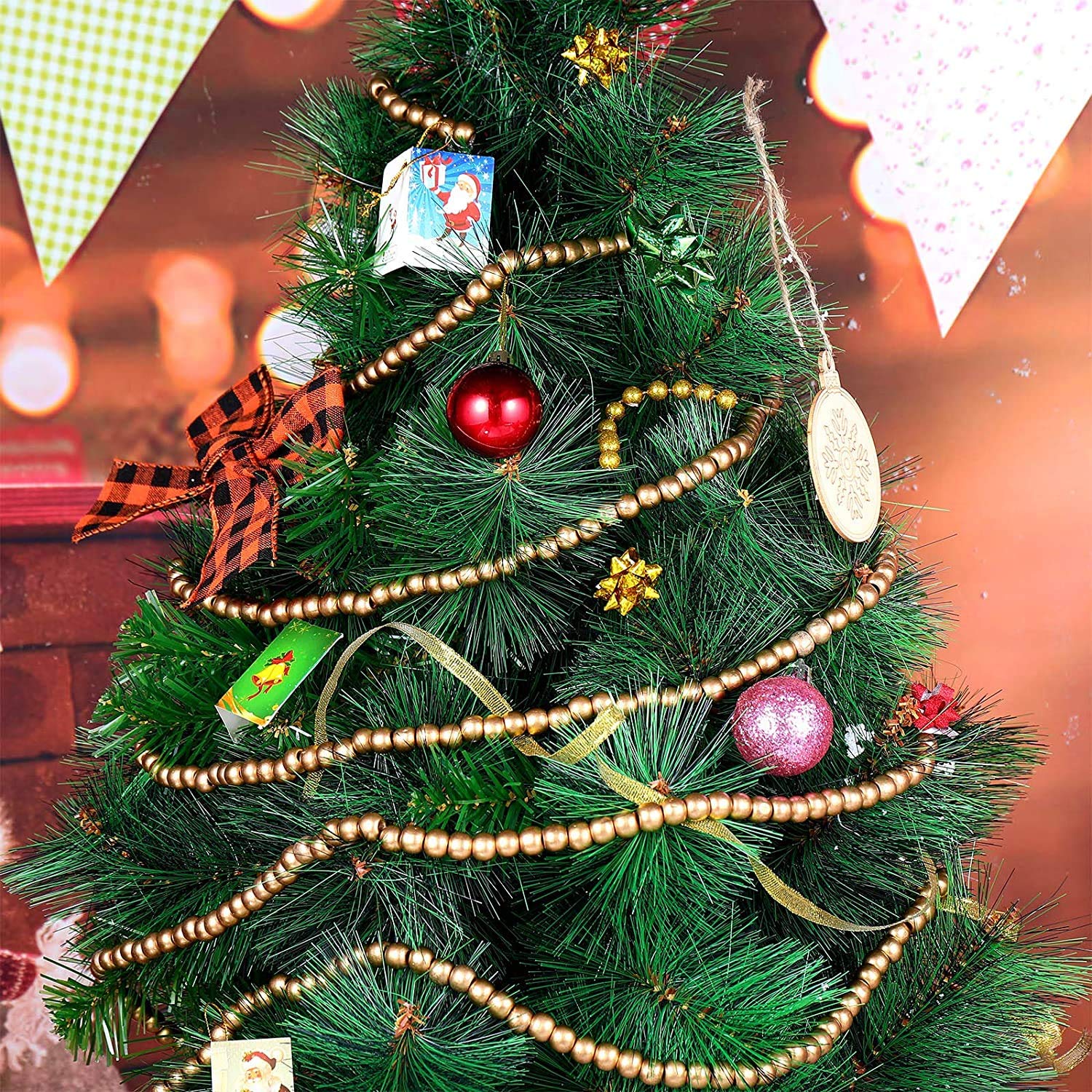 Guirlande de perles en bois de 3,7 m – Décorations pour sapin de Noël (doré)