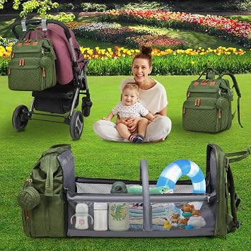 Baby Diaper Bags with Changing Station Multifunctional Waterproof Diaper Bag Backpack Travel Baby Bag with Changing Pad, Pacifier Case,Baby Essentials(Army Green)