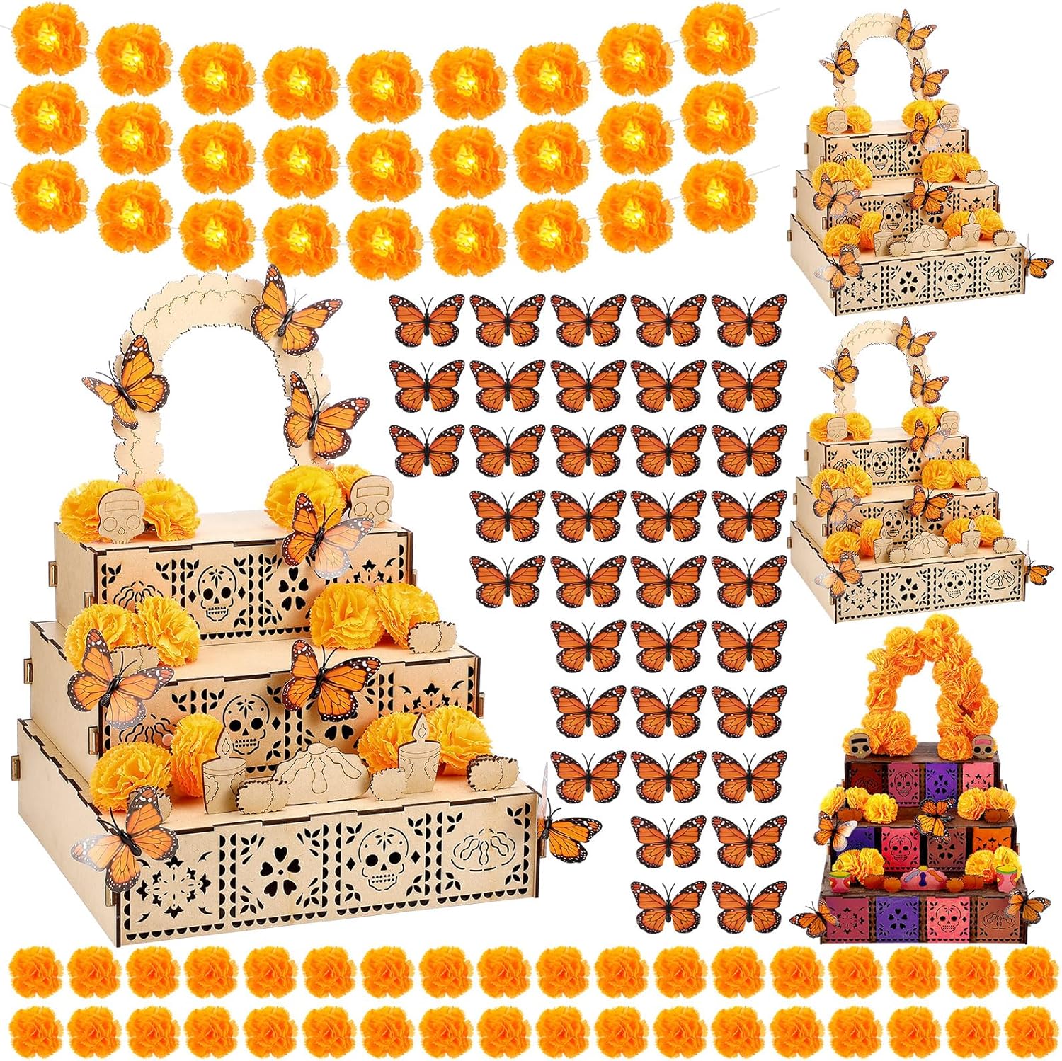 Colingmill 102 Pcs Day of The Dead Ofrenda Wooden Box Set DIY Dia De Los Muertos Decorations Include Altar Supplies 6 inch Marigold Garland with Light Artificial Marigold Flower Butterfly(Fresh)