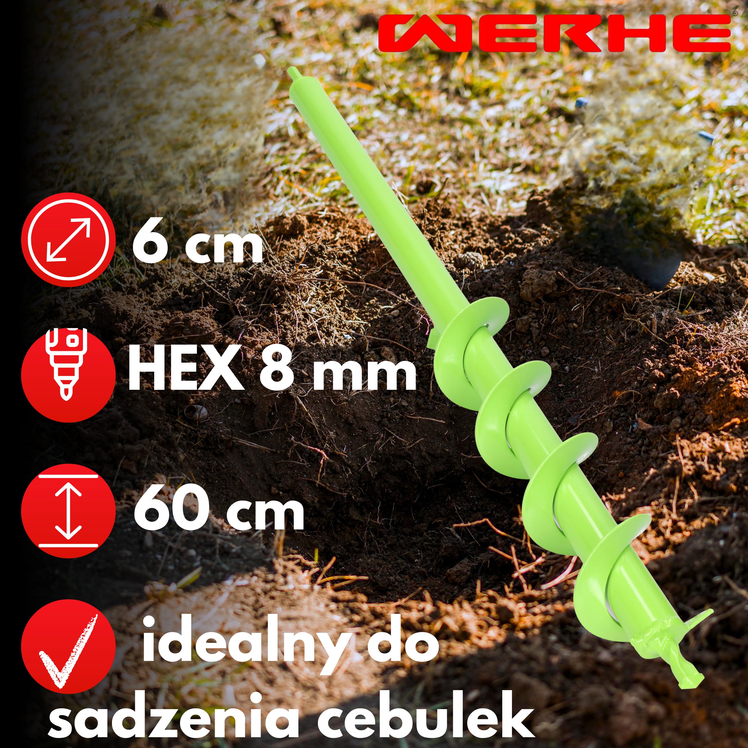 WERHE świder ziemny 60 mm, długość 600 mm, do wiertarki i wkrętarki | Hex uchwyt 8 mm, pasuje do Makita, Bosch, Einhell, do kwiatów, krzewy, słupki ogrodzeniowe, stal węglowa