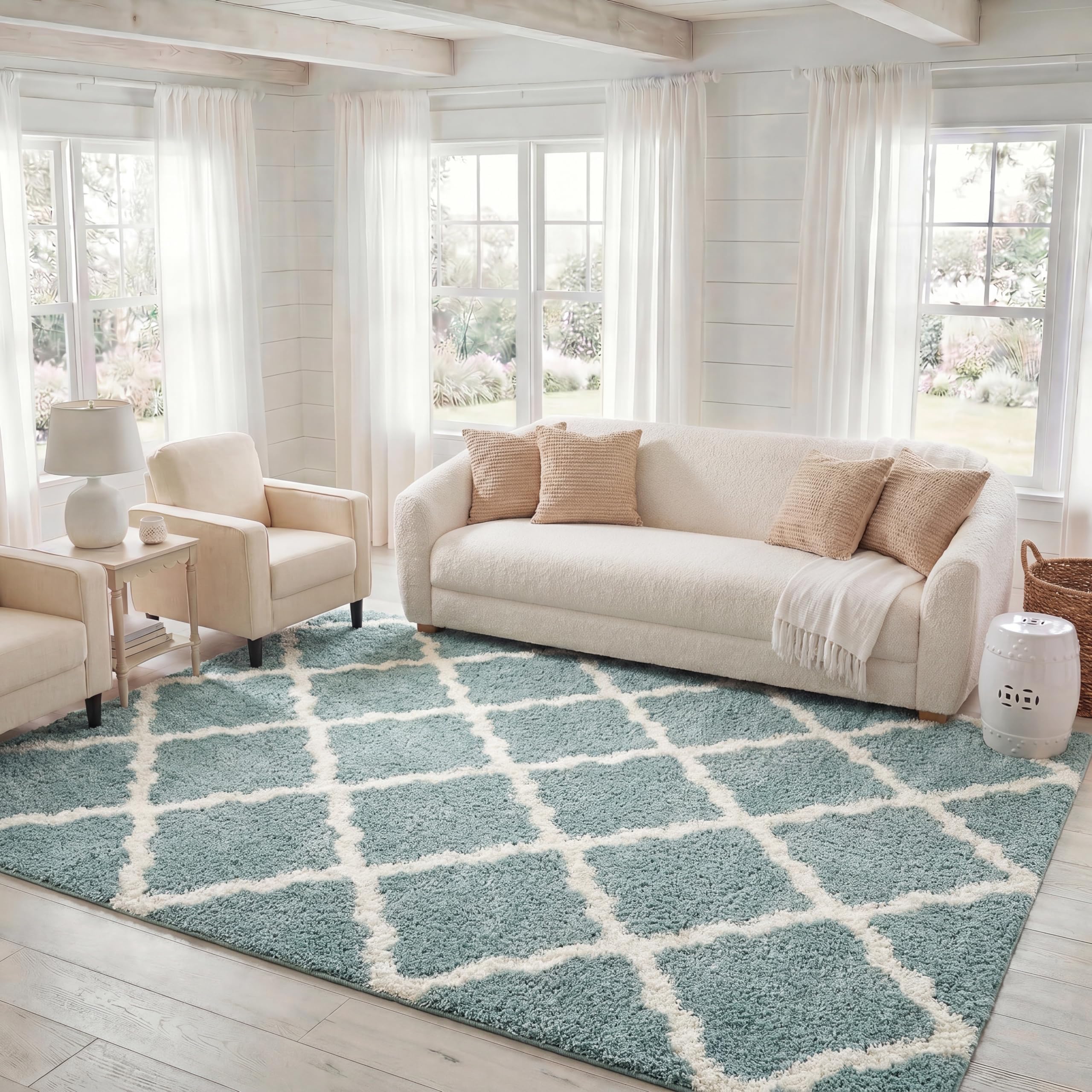 Dallas Shag Collection 8' x 10' Seafoam/Ivory SGD257C Trellis Non-Shedding Living Room Bedroom Dining Room Entryway Plush 1.5-inch Thick Area Rug