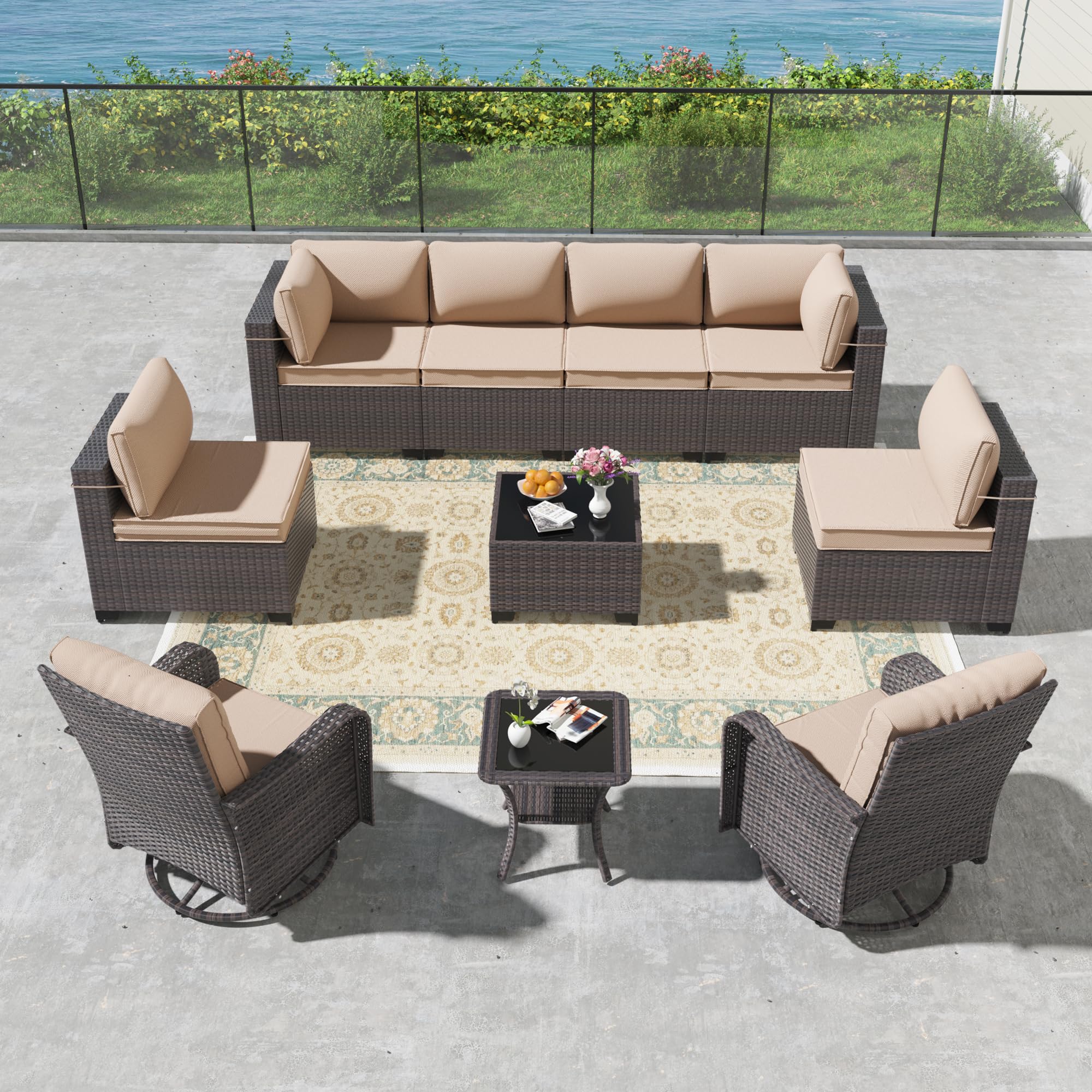 Kullavik 10PCS Outdoor Patio Furniture Set,PE Wicker Rattan Sectional Sofa Patio Conversation Sets with Tempered Glass Table,Swivel Rocking Chairs Set,Sand