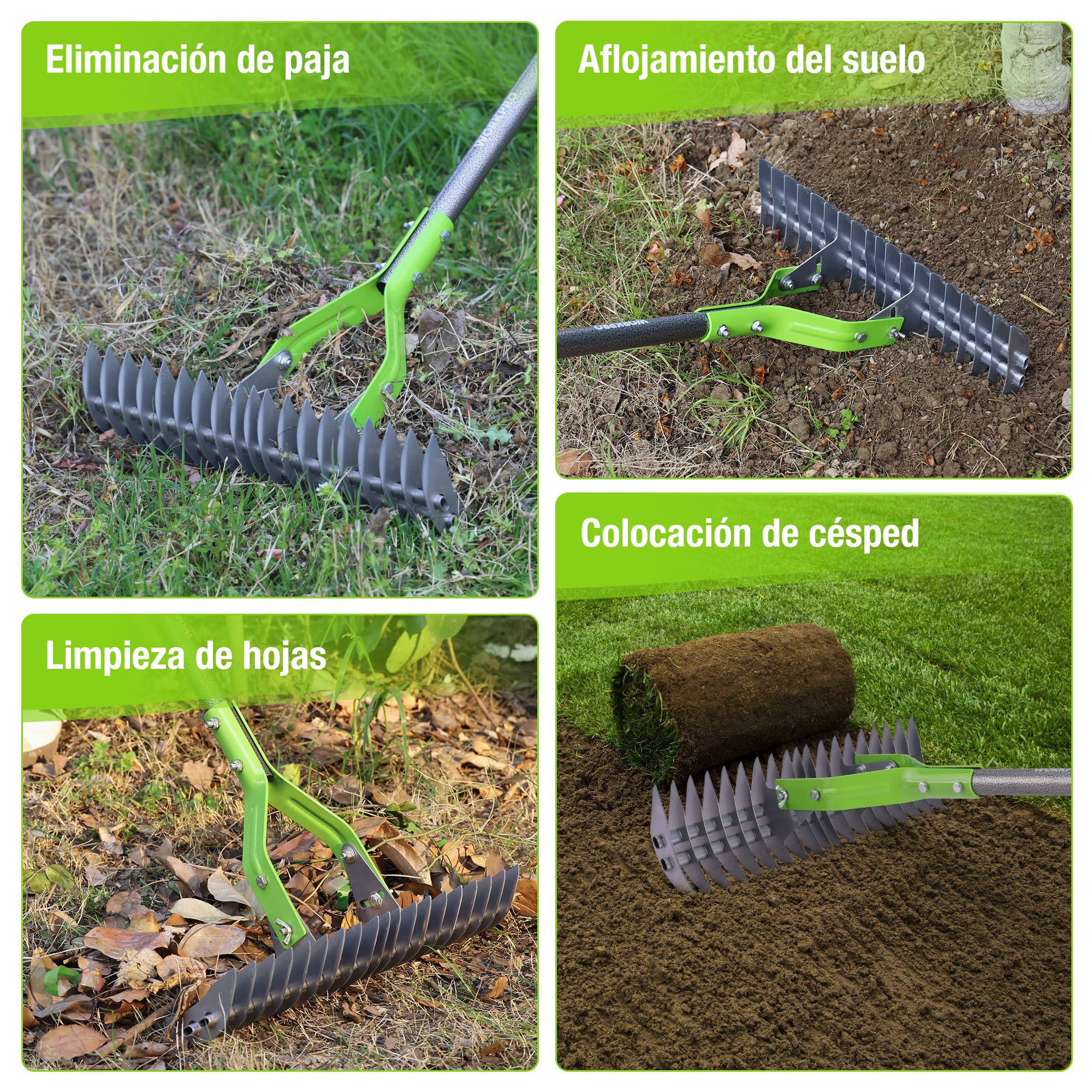 WORKPRO Rastrillo Escarificador para Césped 178 cm, Rastrillo Dethatcher Heavy Duty con Cabezal Ajustable y Mango Telescópico, para Eliminar Hierba Muerta, Restos de Corte y Aflojar el Suelo