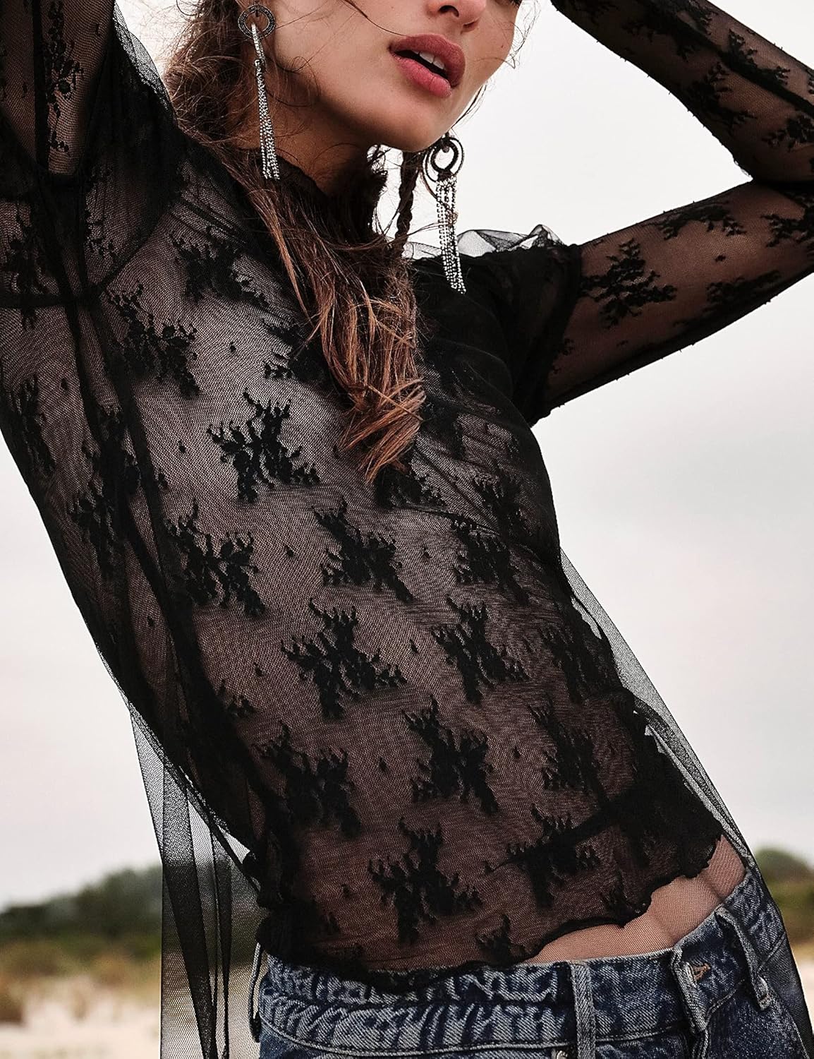 Ugerlov Women's Long Sleeve Mesh Top Mock Neck Sheer Blouse See Through Floral Lace Tops - Image 3