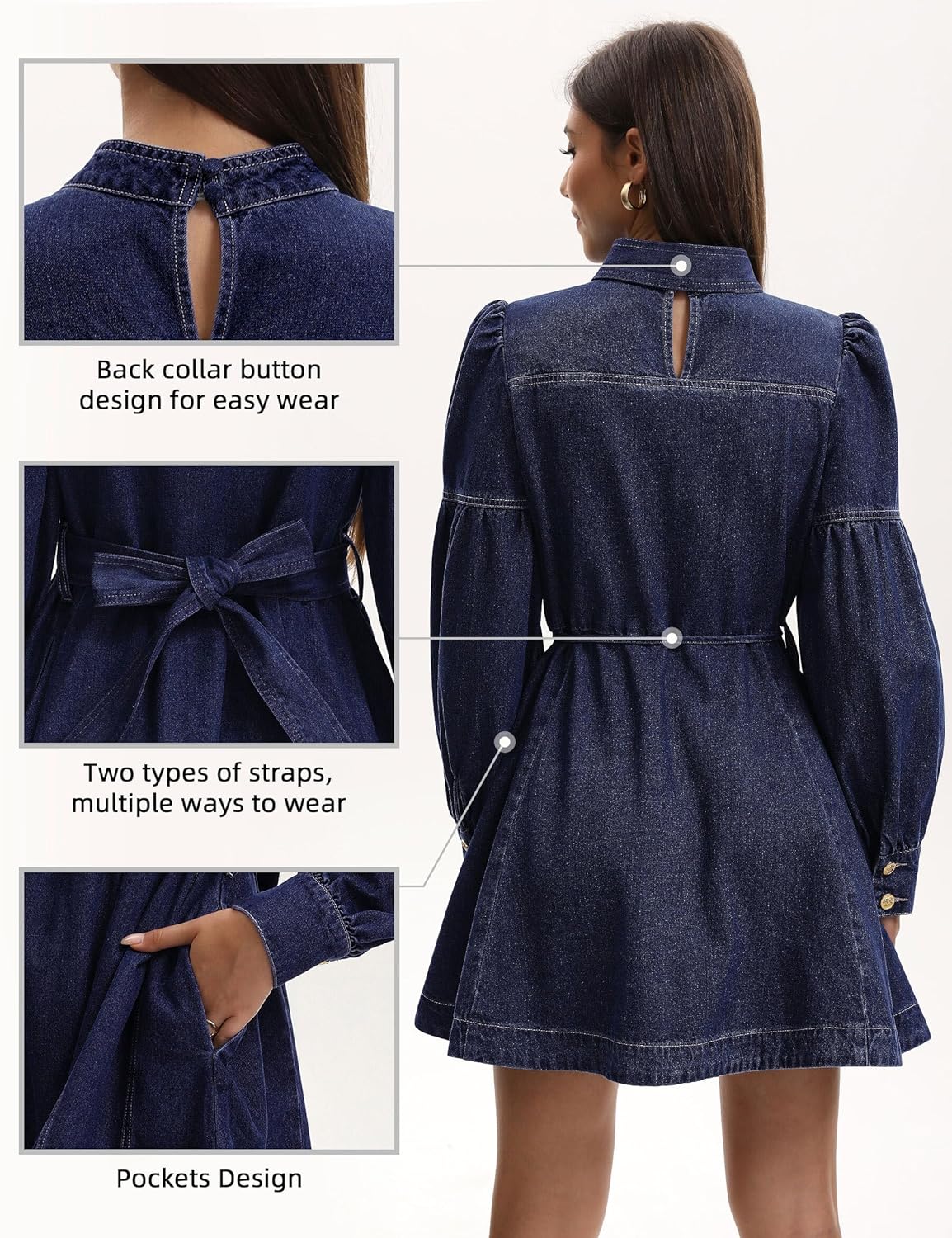 Denim Dress for Women Puff Long Sleeve, Mock Neck Babydoll Jean Mini Dress with Tie and Pocket - Image 3