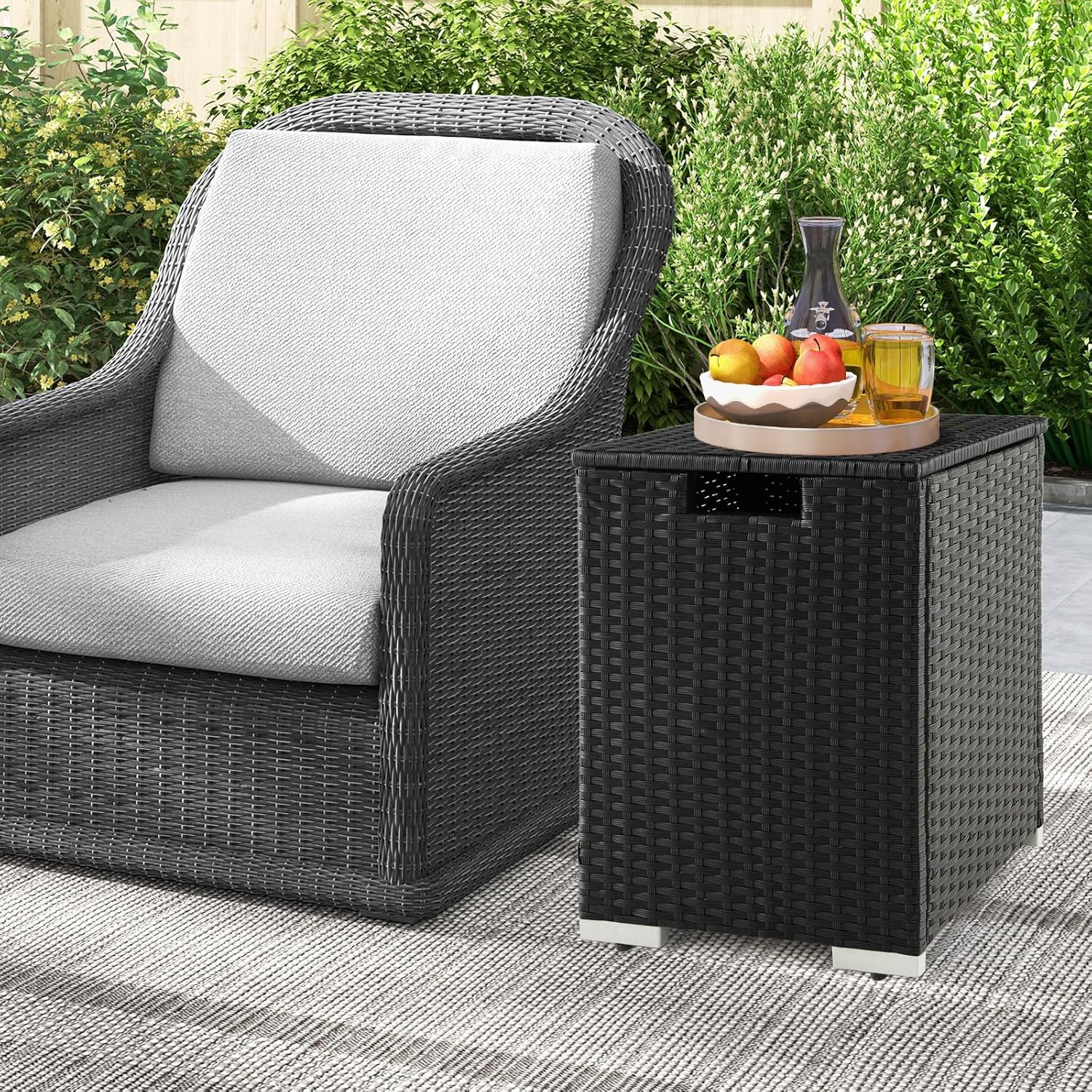 Tangkula Outdoor Propane Tank Cover Table, Patiojoy Wicker Hideaway Table for Gas Fire Pits, 20 lbs Propane Tank Storage Box, Outdoor Wicker Side Table & Propane Tank Holder (Black)
