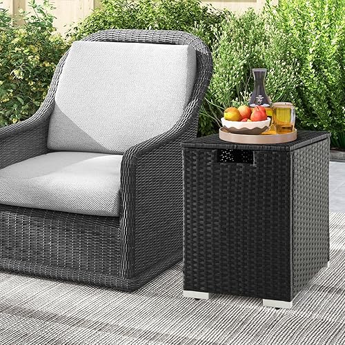 Miniatura 8 de Tangkula Patiojoy - Mesa para tanque de propano para exteriores, mesa escondida de mimbre para fogatas de gas, caja de almacenamiento de tanque