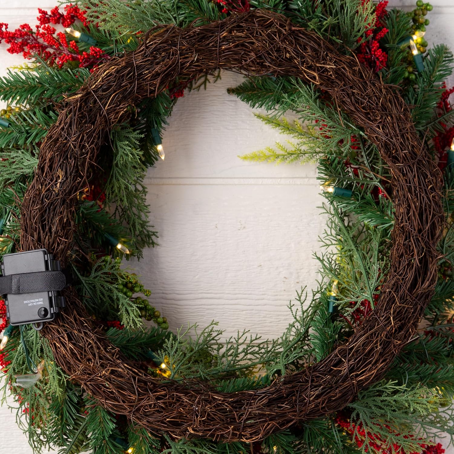 Balsam Hill Outdoor Berry Burst Christmas Wreath - 28" Delightfully Festive Front Door Wreath with Red Pepperberries & Battery-Operated LED Clear Lights for Indoor and Outdoor Holiday Decorating