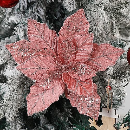 Miniatura 2 de GL-Turelifes Flores de Navidad grandes con purpurina de 10.7 pulgadas, 6 piezas de flores de pascua artificiales, adornos florales plegables para
