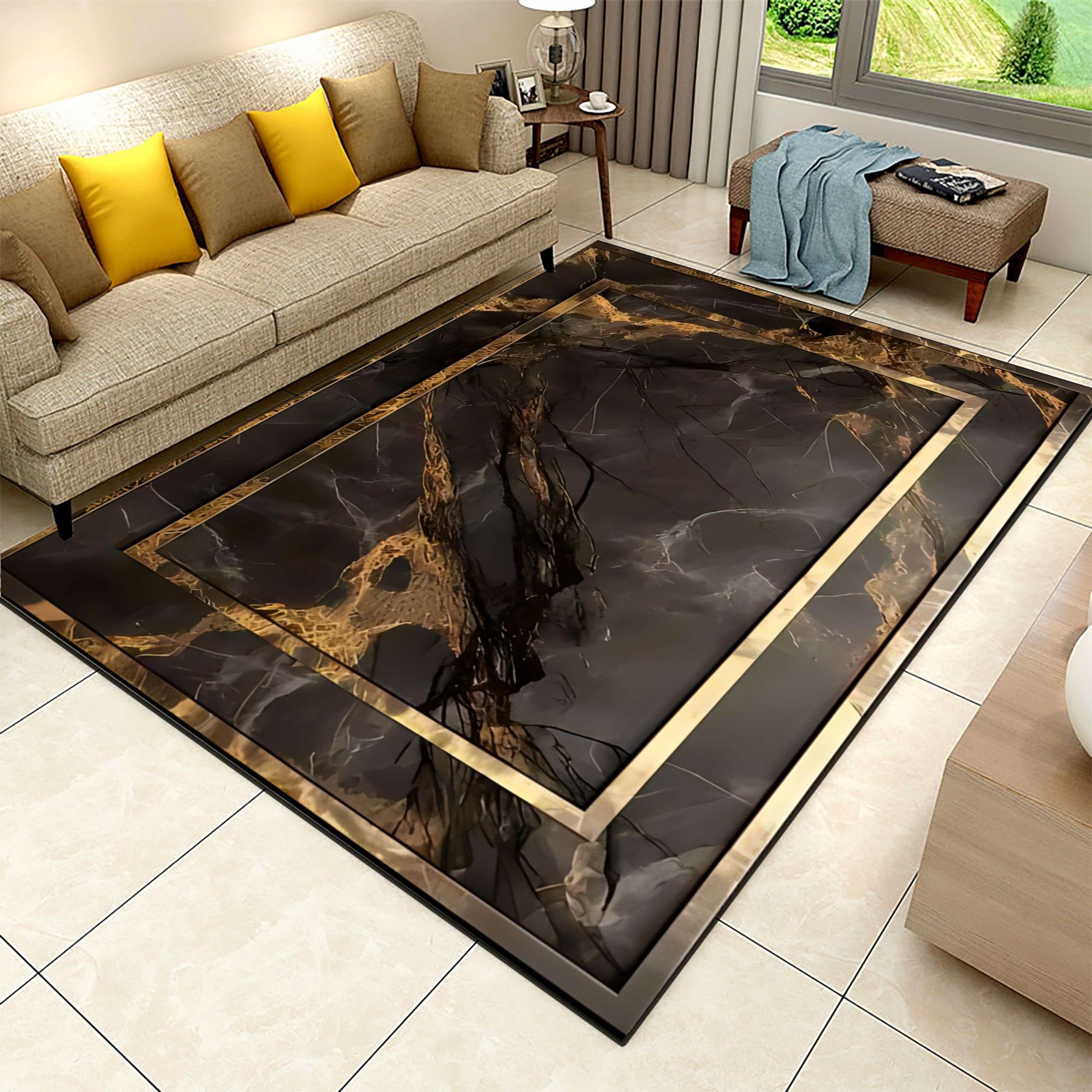 LHOMKCV Luxury Black Marble Area Rug, 3x5ft, Modern Abstract Amber Marble Golden Border Design Rug, Flannel Area Rugs Washable Durable Soft Rubber