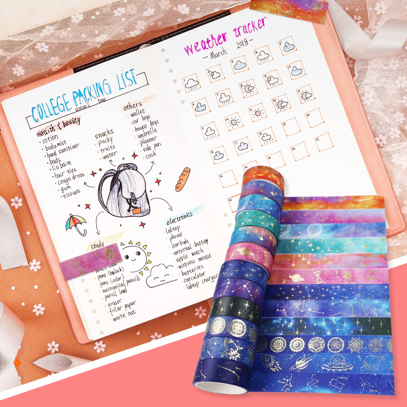 12 Rolls Washi Tape Set, Galaxy Purple Washi Tape Decorative Masking Tape Pastel Scrapbook Tape Aesthetic Gold Foil Washi Tape Stickers For DIY