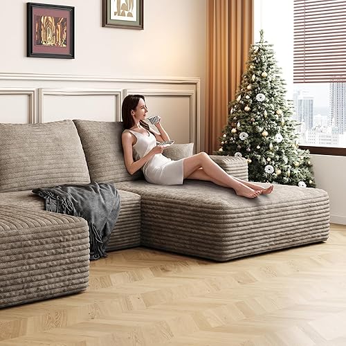 Miniatura 5 de 107in Modern Minimalist U Shaped Sectional Couches Sofa with Ottoman, Modular Couch Plush Corduroy Fabric Deep Seat Corner Cloud Couch for Living