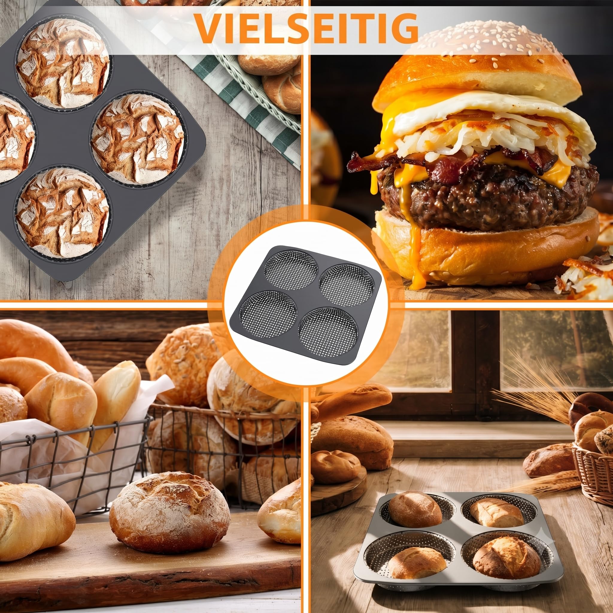 Burger Buns - Stampo da forno perforato per hamburger Buns in acciaio al carbonio, 4 teglie resistenti al calore fino a 450 °C, risultati di cottura perfetti grazie al rivestimento
