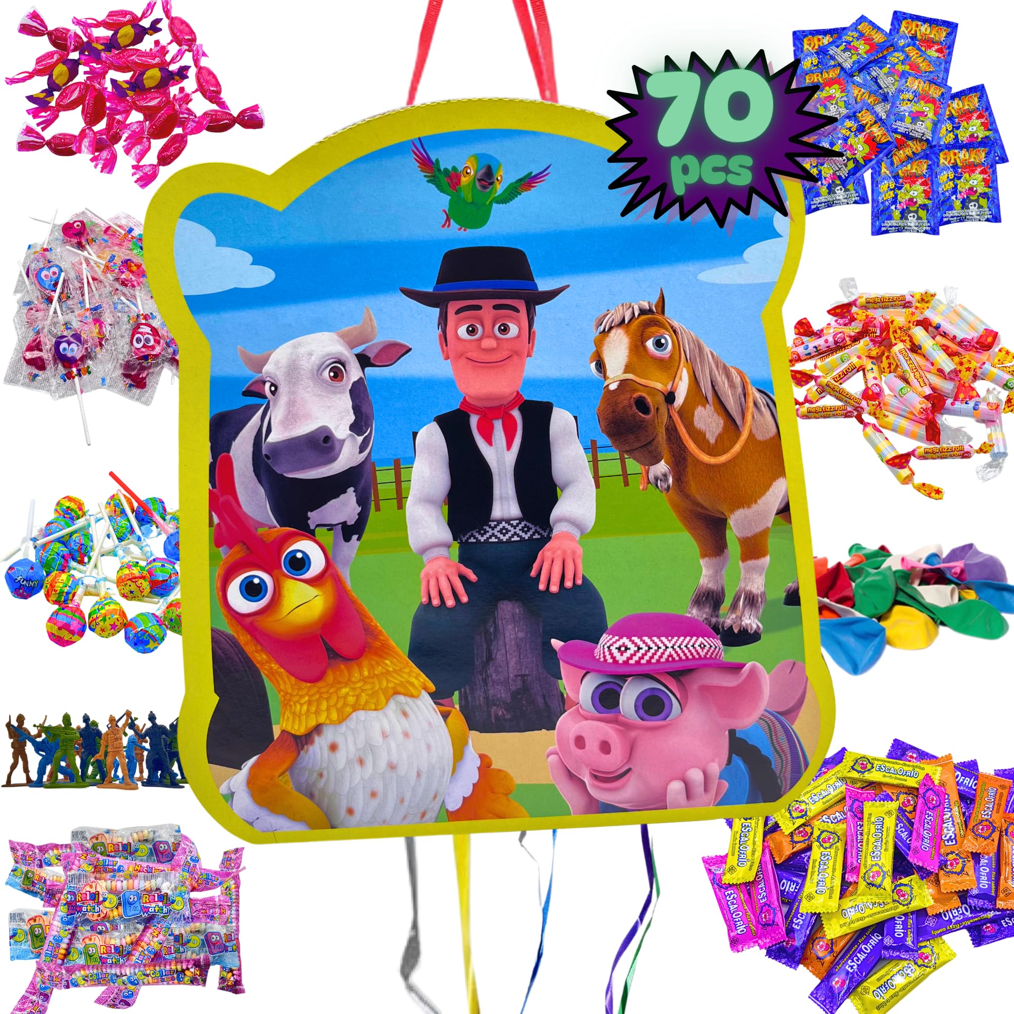 Piñata La Granja de Zenon + Pack 70 Gluten Free Chuches and Piñata Toys – Piñata Birthday – Zenon's Farm Birthday – Piñata – Pinata Filling – Children – PARTY4EVER