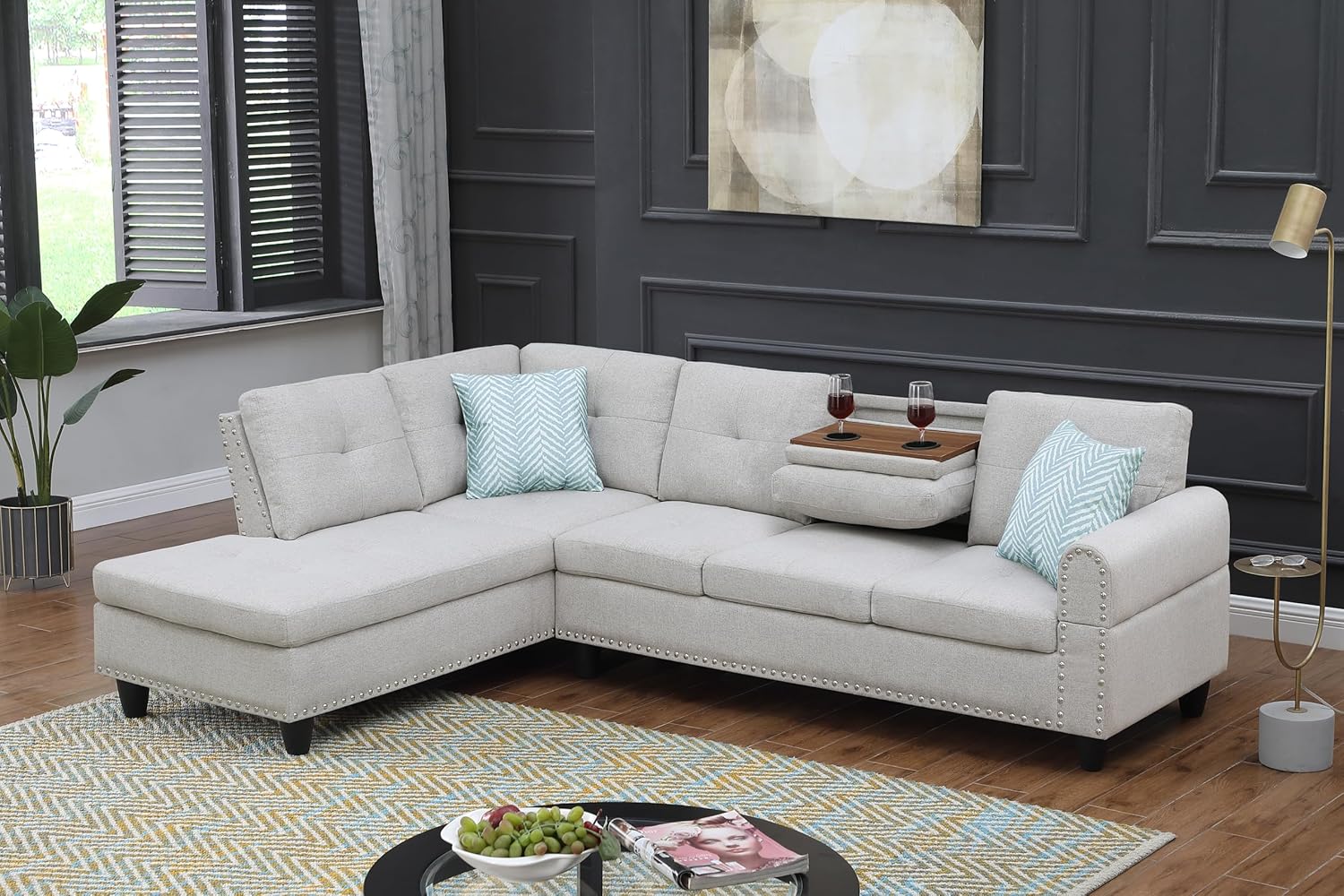 Modern L-Shaped Sectional Sofa Couch, 3-Seater Button Tufted Linen Fabric Sectional with Pull-Down Console and Dual Cup Holders, Toss Pillows, 98” W x 71” D x 33” H, Light Gray