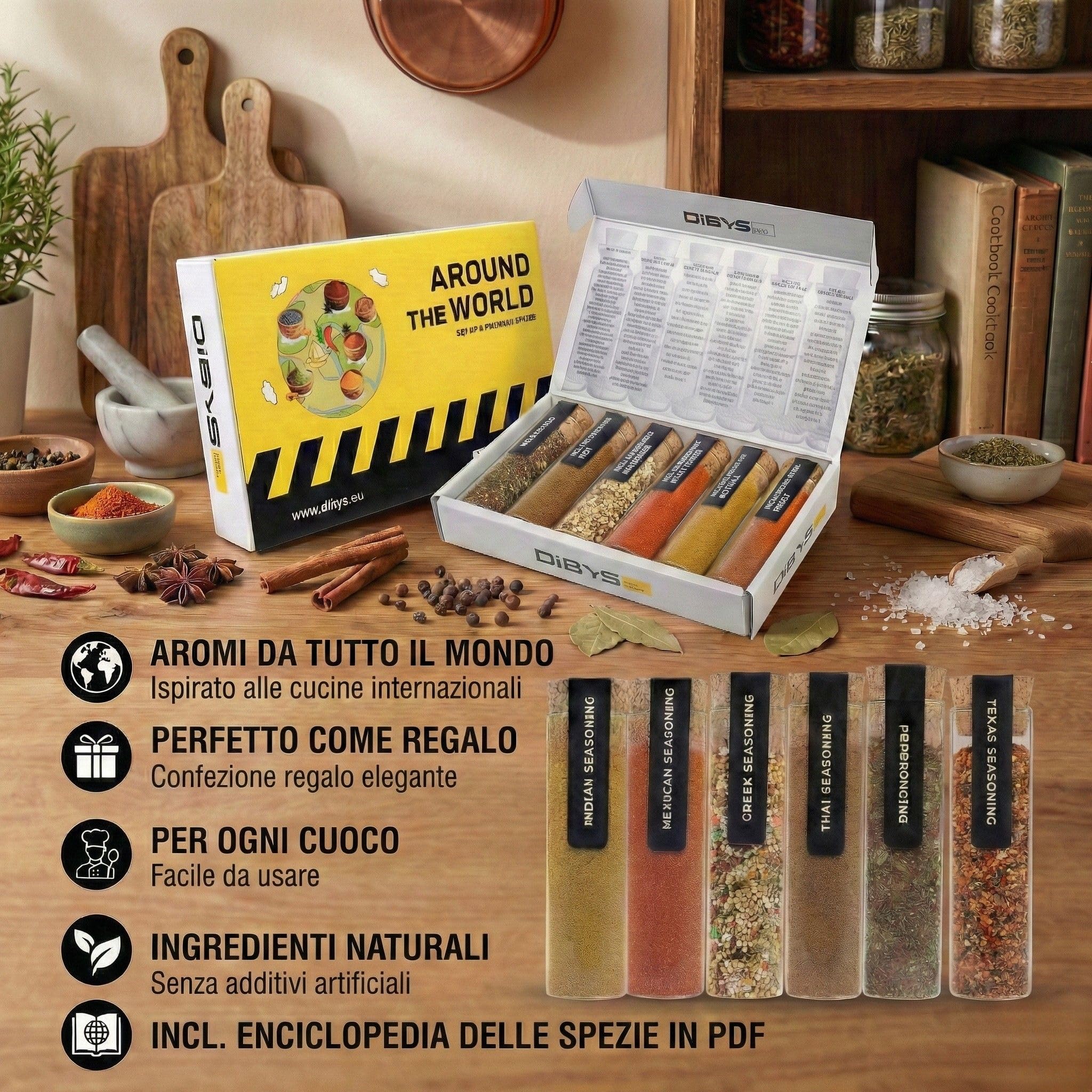 DIBYS Set Regalo di Spezie da Tutto il Mondo | 6 Eccezionali Mischioni di Spezie con Ricette Incluse | Confezione Regalo di Spezie | Regali per Gourmet e Appassionati di Cucina