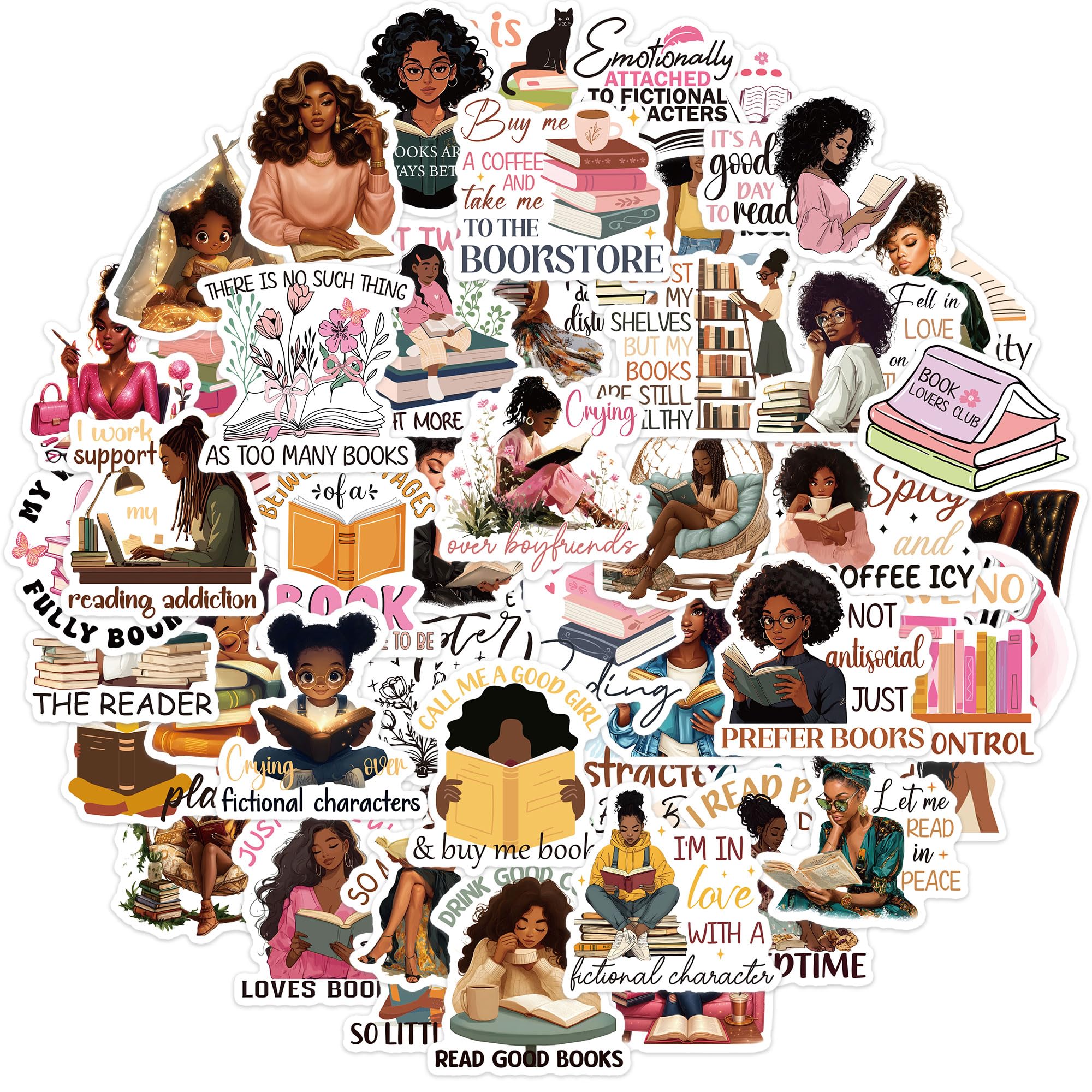 GalaVee 100 Pcs Black Girl Reading Stickers Bookish Vinyl Sticker Pack