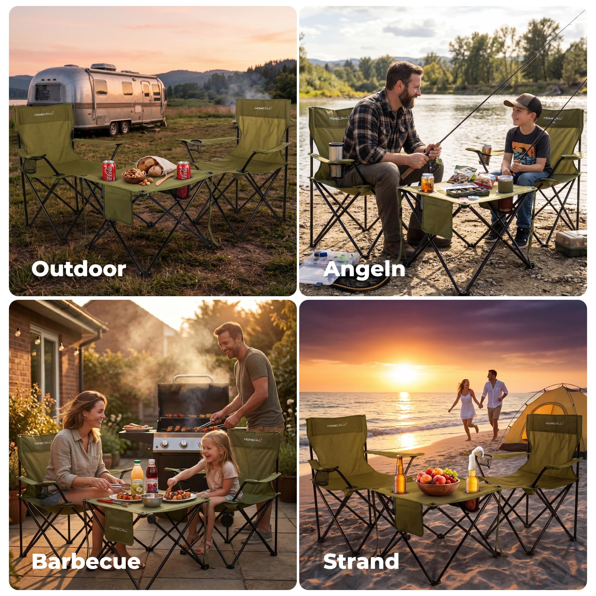 Homecall Camping Tisch Stuhl Set, faltbares Campingtisch mit Stühlen, leichtgewichtiges 2er Campingstuhl-Set mit Tragetasche, Campingstuhl mit Tisch für Picknick, Garten, Terrasse, Reise (Schwarz)
