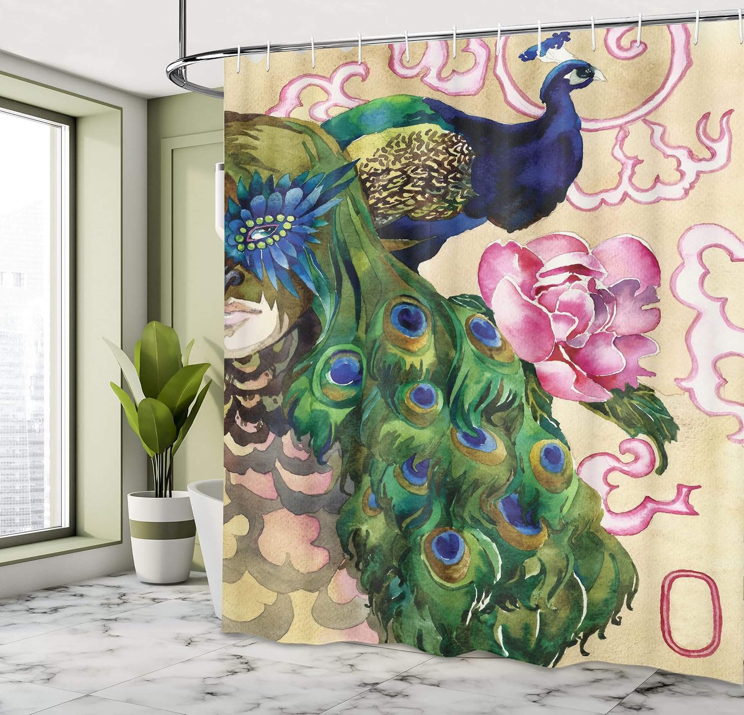 Ambesonne Peacock Shower Curtain, Fantasy Composition with Woman and Peafowl in Watercolor Artwork, Cloth Fabric Bathroom Decor Set with Hooks, 69" W x 75" L, Pink Navy