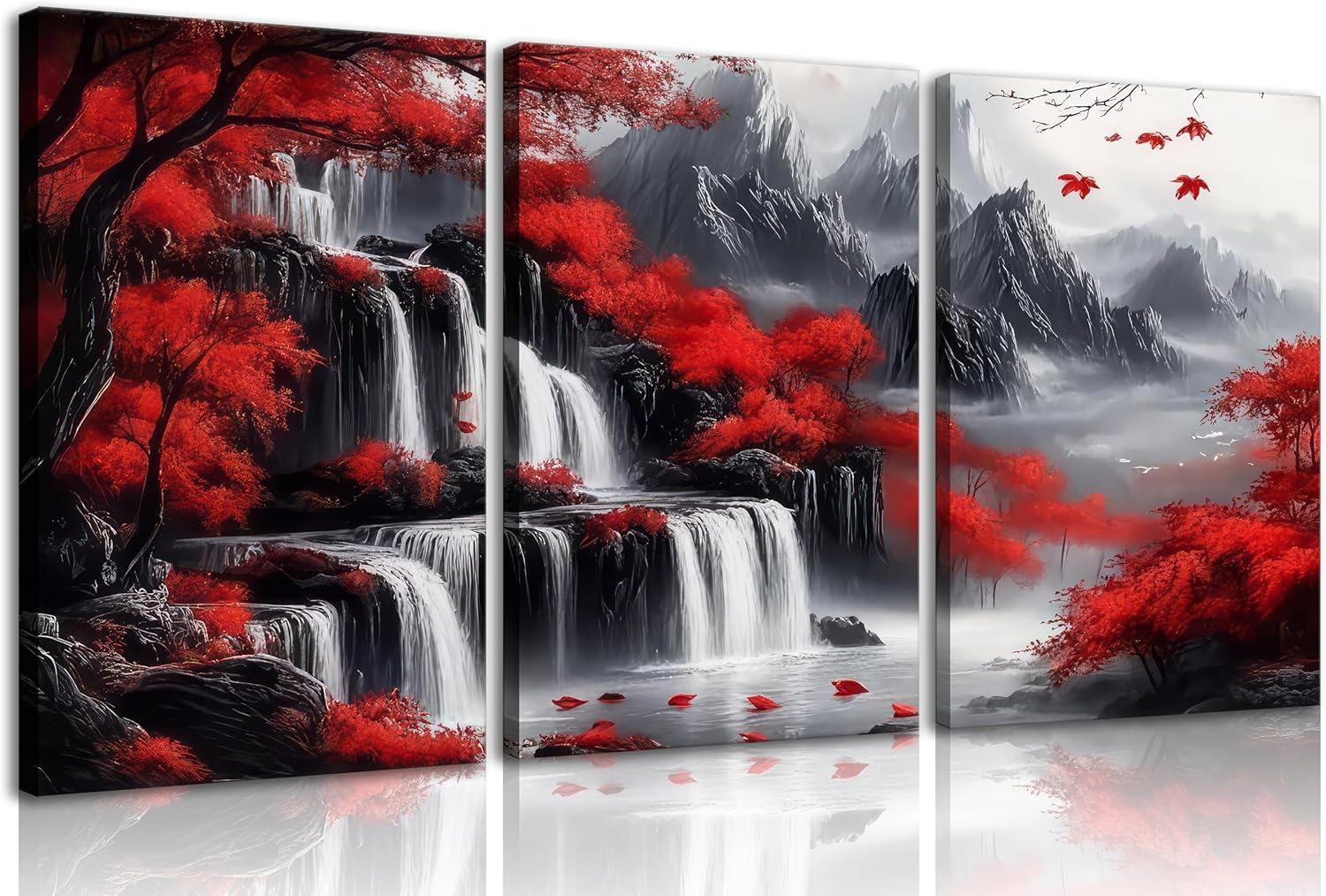 Red Forest Waterfalls Canvas Wall Art Grey Mountains Lake and Red Trees Landscape Pictures Wall Decor Black and White Natural Scenery Poster Painting Prints for Living Room Bathroom Office Decorate