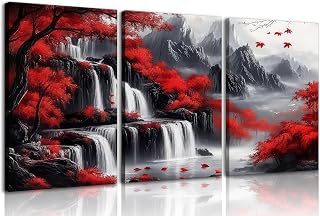 Red Forest Waterfalls Canvas Wall Art Grey Mountains Lake and Red Trees Landscape Pictures Wall Decor Black and White Natural Scenery Poster Painting Prints for Living Room Bathroom Office Decorate