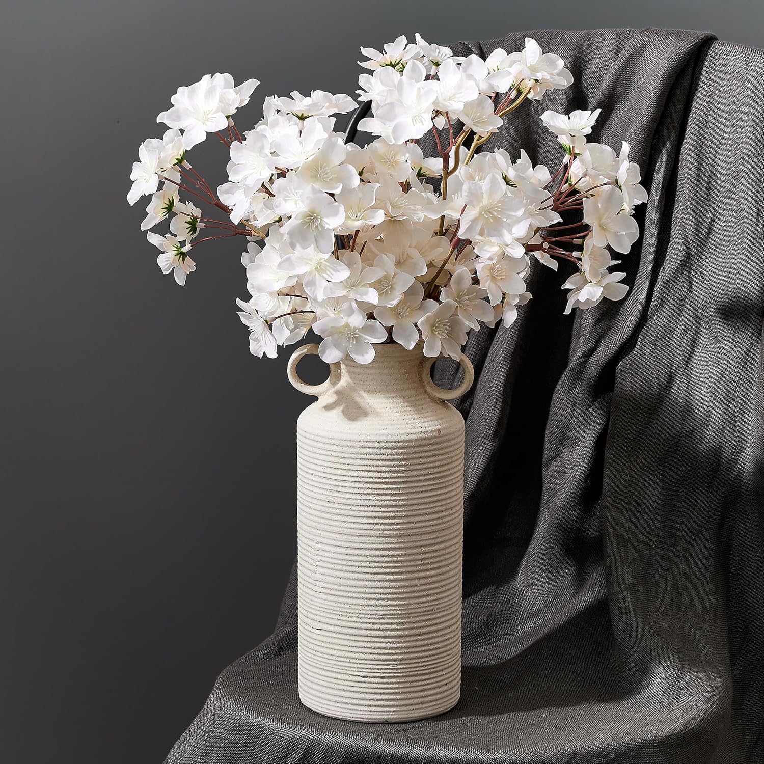 Ceramic Rustic Vase with 2 Round Handles, Antique Farmhouse Flower Vase, Vintage Terracotta Vases for Home Decor, Wedding, Living Room, Table, Shelf Decor - 10.2 Inch Tall, White - Image 4