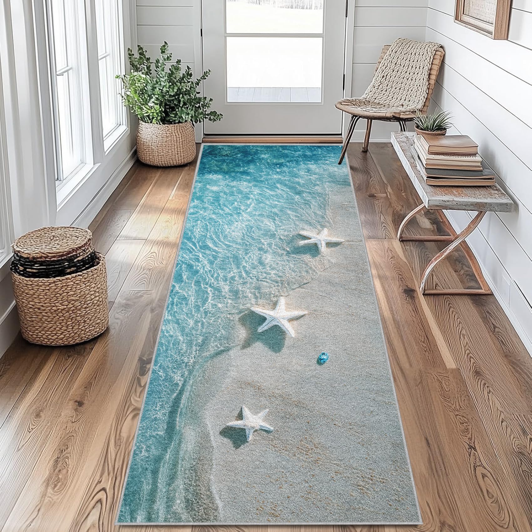 Generisch Meer Strand Läufer Teppich Flur 60x180cm Waschbar Seestern Teppichläufer rutschfest Kurzflor Teppich Läufer für Eingang, küche, Schlafzimmer, Wohnzimmer, Korridor kT&Q365