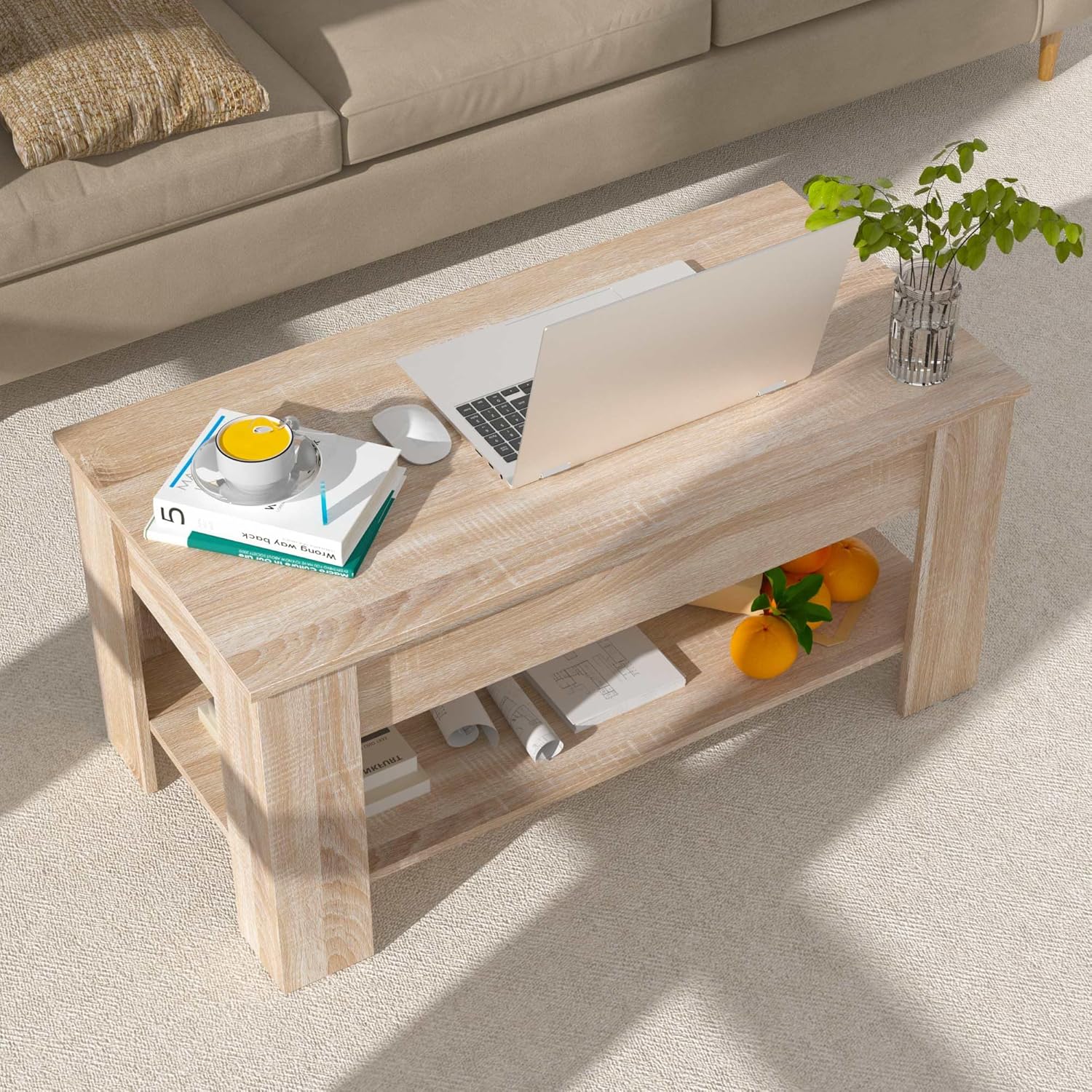 Lift Top Coffee Table With Storage for Living Room, Console Table, Rustic Wood Tea Table, Hidden Desk Center Table for Living Room Furniture