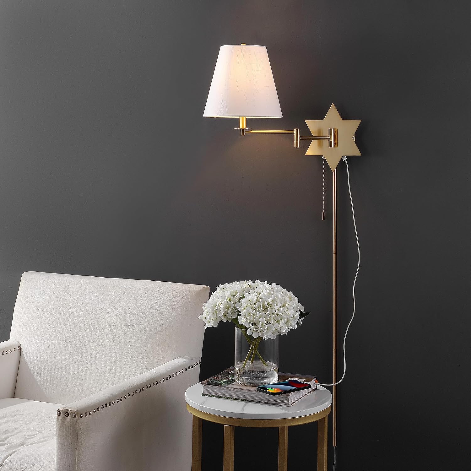 JONATHAN Y 18.5" Brass Gold 1-Light Modern Swing Arm Wall Sconce with USB Charging Port, Plug-in or Hardwired Star Wall Lamp for Bedroom Living Room, White Linen Shade (JYL6014B)