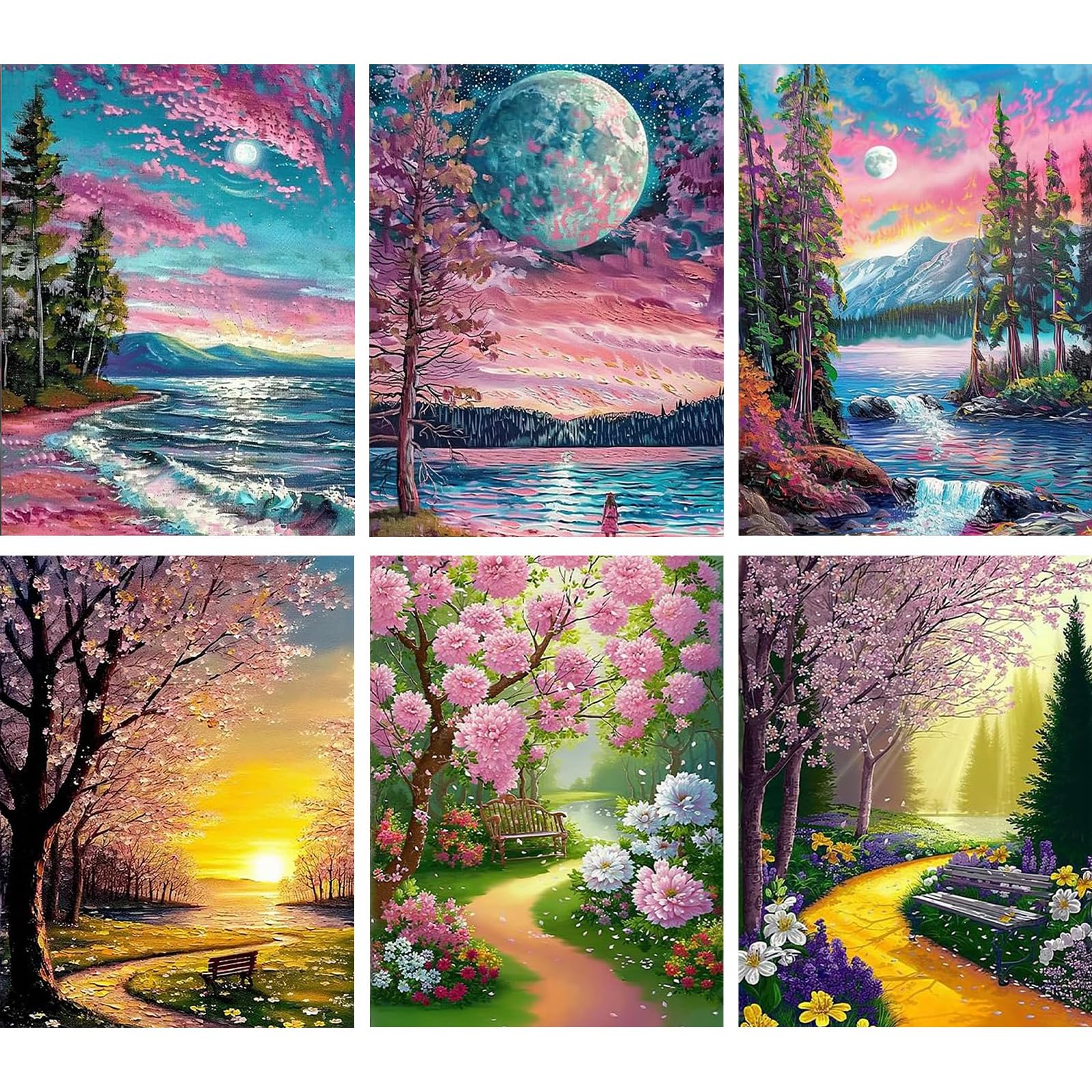 MISCER 6 Packs Diamond Art Kits for Adults, Mountains Diamond Painting Kits for Beginners, Landscape 5D Full Drill Round Paint with Diamonds Pictures, Gem Art Painting DIY Crafts Kit Decor 12x16inch