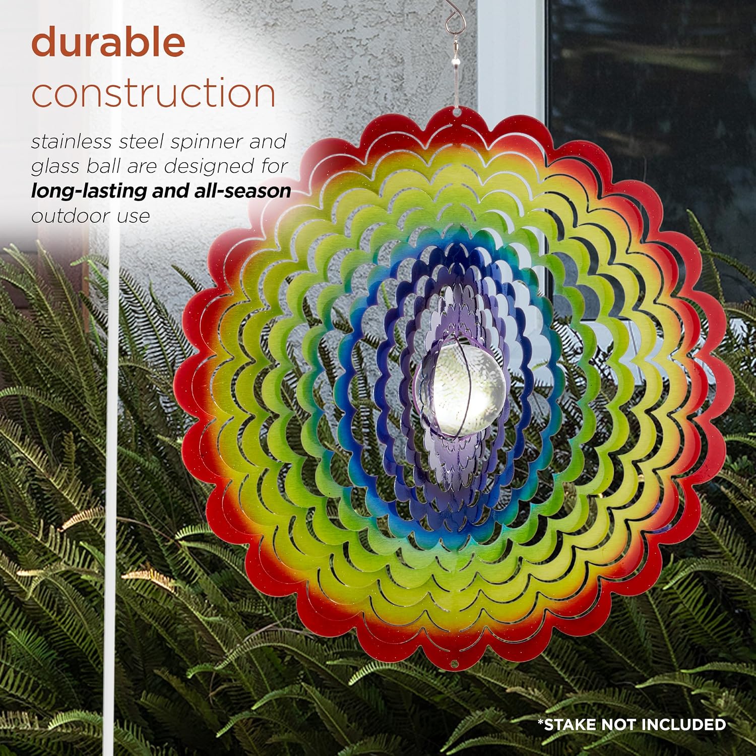 Alpine Corporation 15" H Outdoor Metal Flower Shape Wind Spinners with Clear Round Glass Ball Hanging Decor, Multicolor
