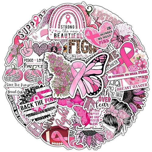 BIGZORO Pack 50 PCS Breast Cancer Awareness Stickers Decorative Ribbon Car Bumper Laptop Vehicle Accessories Vinyl Decals Waterproof Survivor Fight Inspirational Label for Women Girls - Breast Cancer
