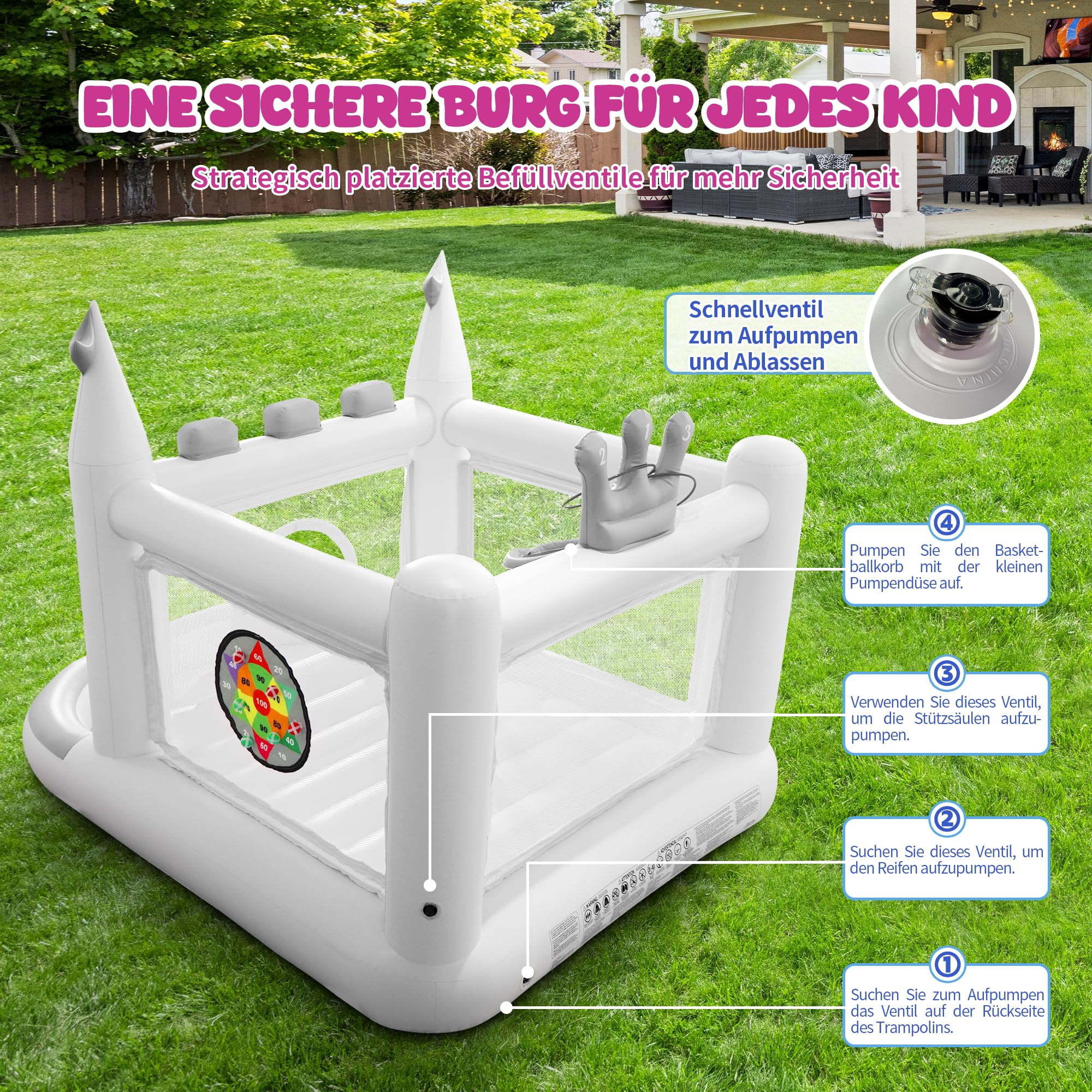Aufblasbare PVC-Hüpfburg für Kinder 3-8 Jahre, 5-in-1 Outdoor Hüpfburg mit Hüpfbereich, Kugelpool, Basketballkorb, Ringen & Zielspiel, inkl. Pumpe, Weiß