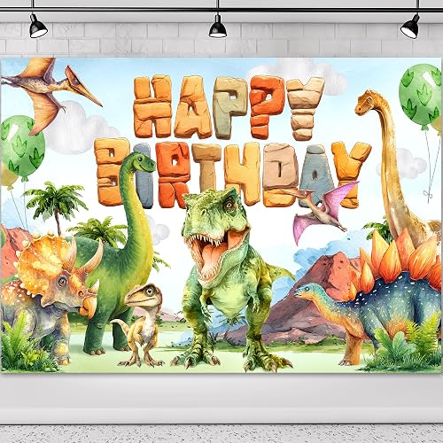 Omifly Dinosaur Birthday 7Wx5H Backdrop for Photography Watercolor Wild Animals Jungle Volcano Tropical Plant Kids Background Boys Party Decorations Cake Table Banner Decor Photo Booth Studio Prop