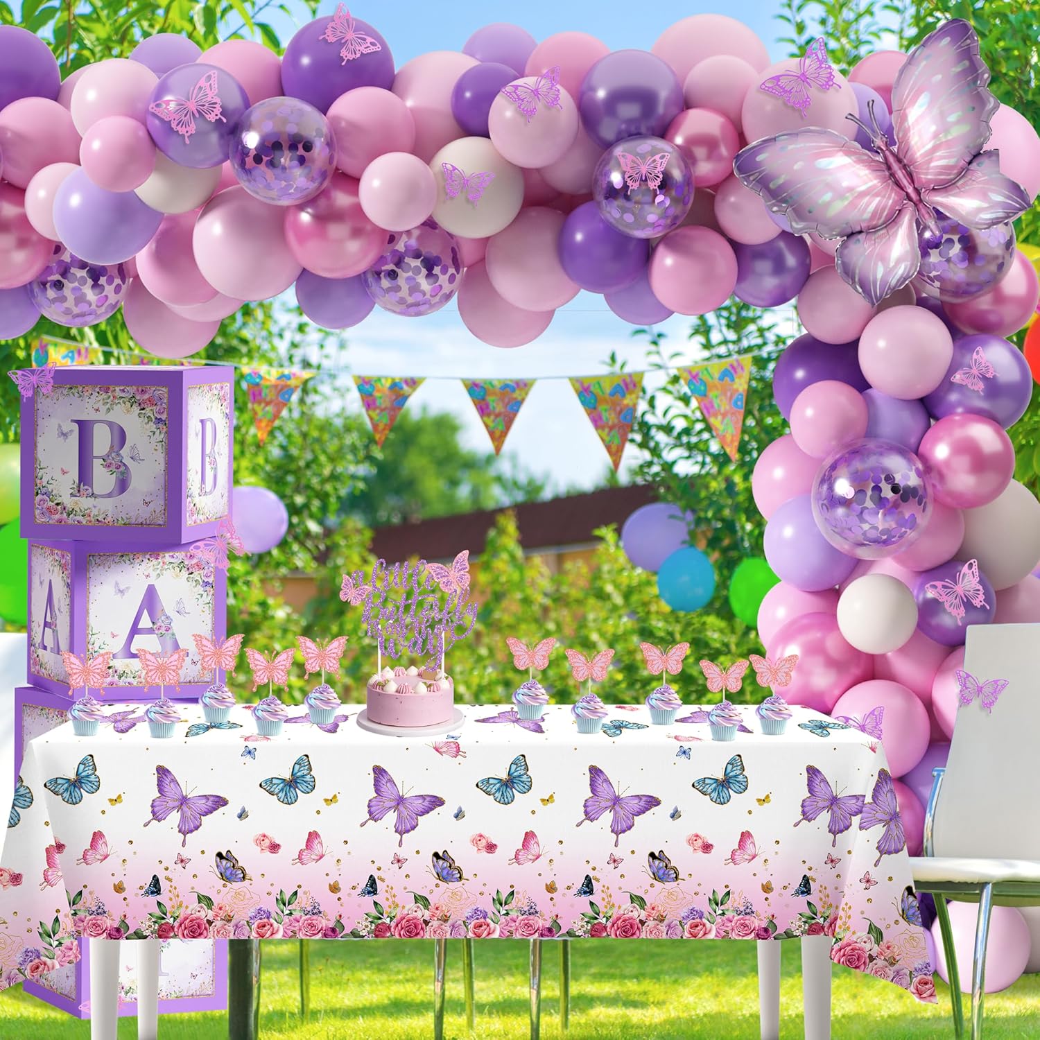 TREWAVE Butterfly Baby Shower Decorations for Girls A Little Butterfly Is On The Way Party Backdrop Cake Toppers Stickers Pink Purple Balloons Boxes for Girl Birthday Baby Shower Decor