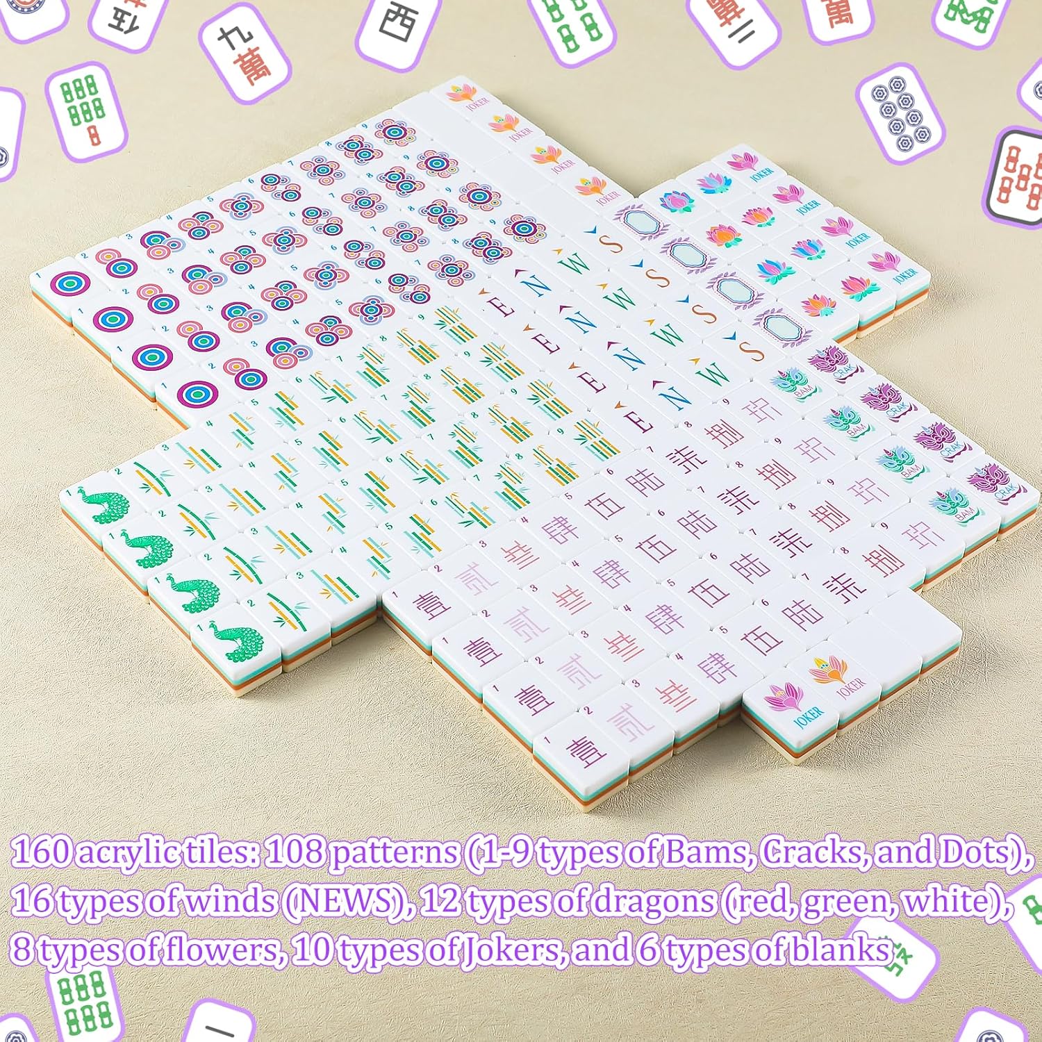 Mahjong Tile Set with Storage Bag 160 Acrylic Tiles Light Purple Color Bag for Travel Family Game Parties