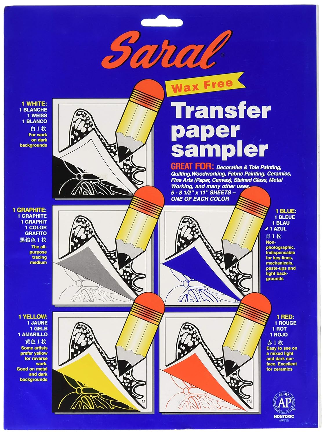 Saral Wax Free Transfer Paper Sampler Includes 1 Each of White Graphite, Yellow, Blue and Red
