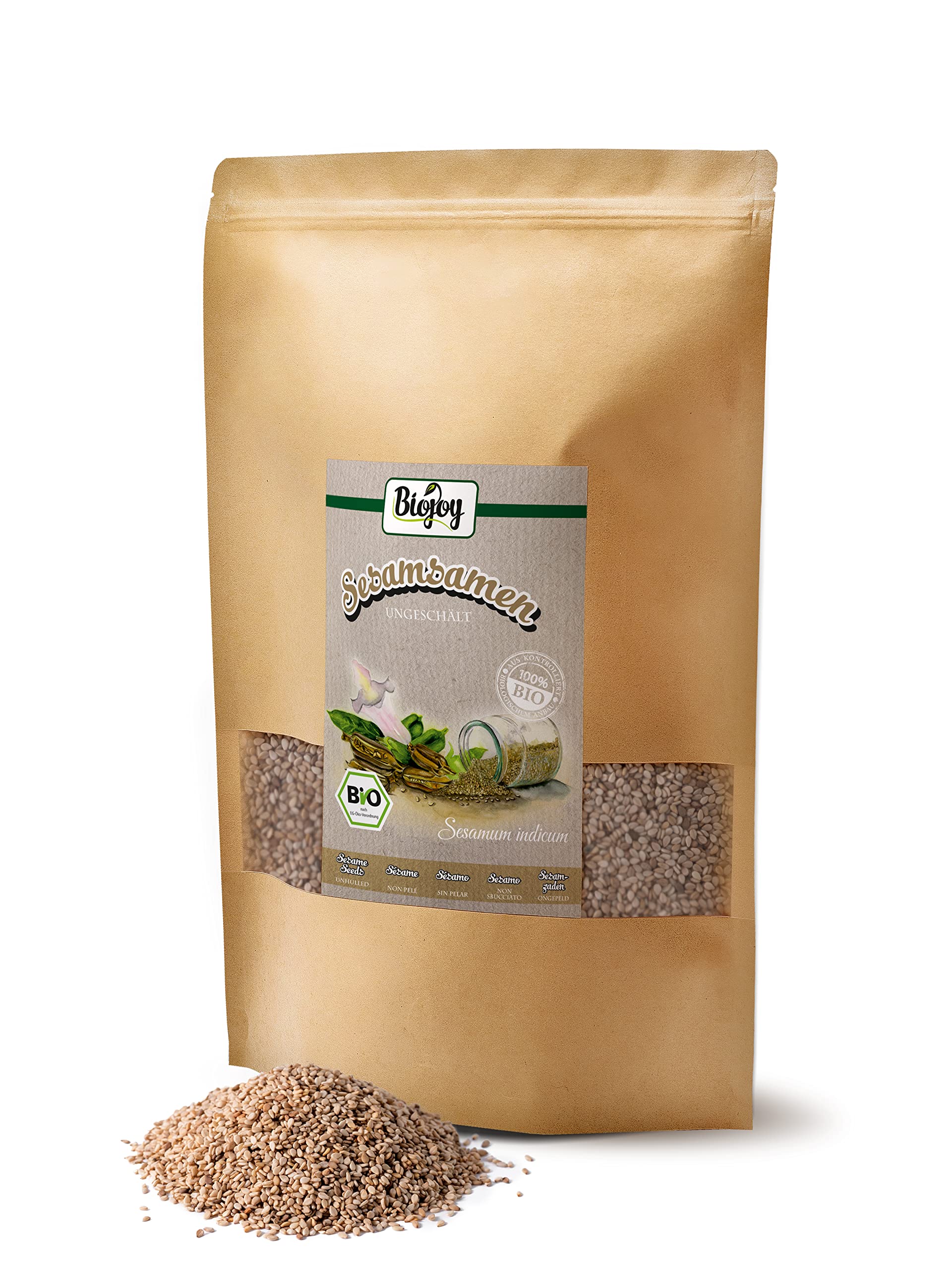 Biojoy Sésame BIO non pelé (1,5 kg), entier et cru, graines de sésame blanc, sans additifs