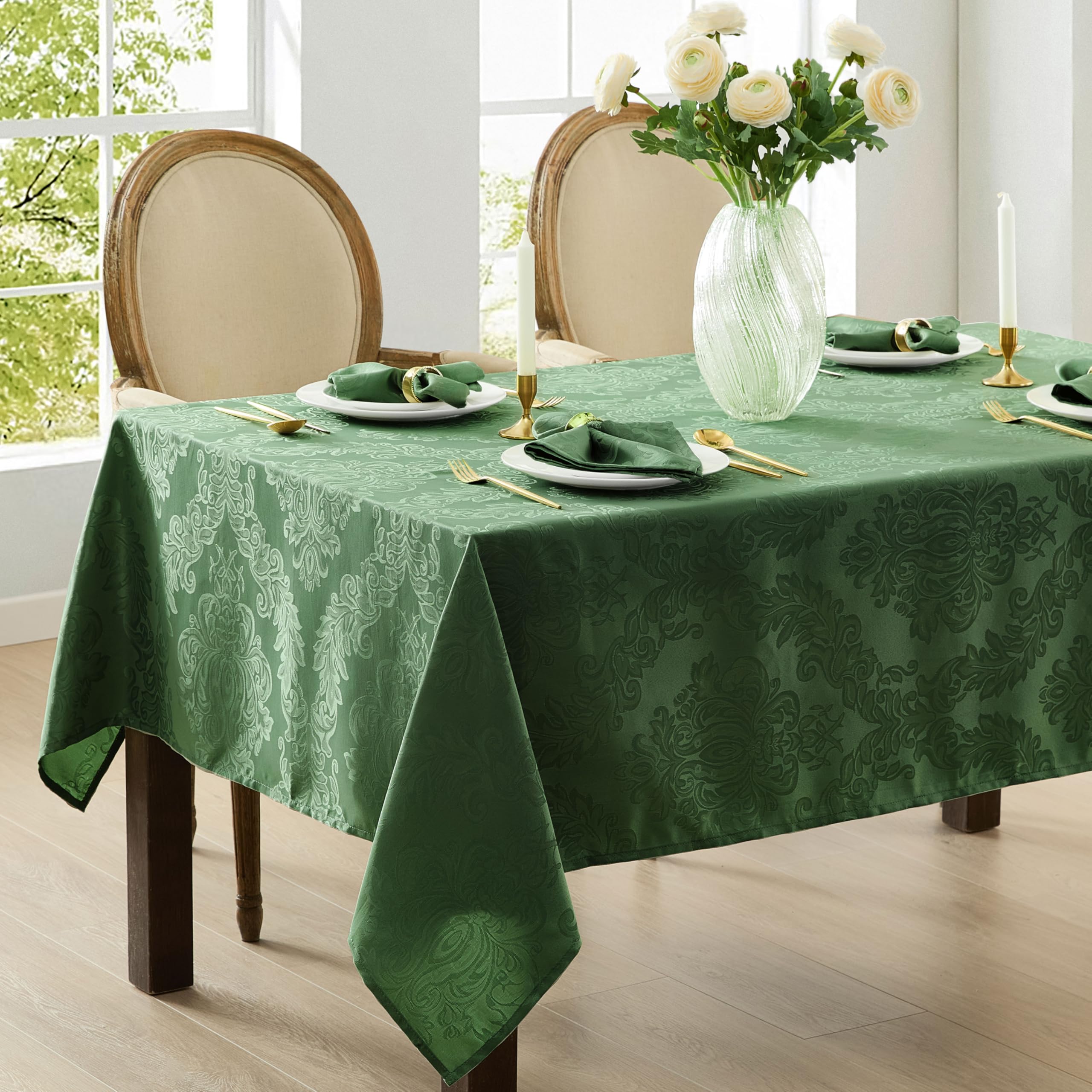 Newbridge Barcelona Damask Fabric Tablecloth, 60 x 102 Inch Rectangle, Hunter Green – No Iron, Soil Resistant Table Cover for Dining, Parties and Holidays