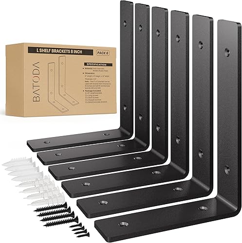 BATODA Paquete de 6 soportes de estante resistentes de 8 pulgadas de largo - Soportes de estante en L negros - Soportes de gancho para estantes