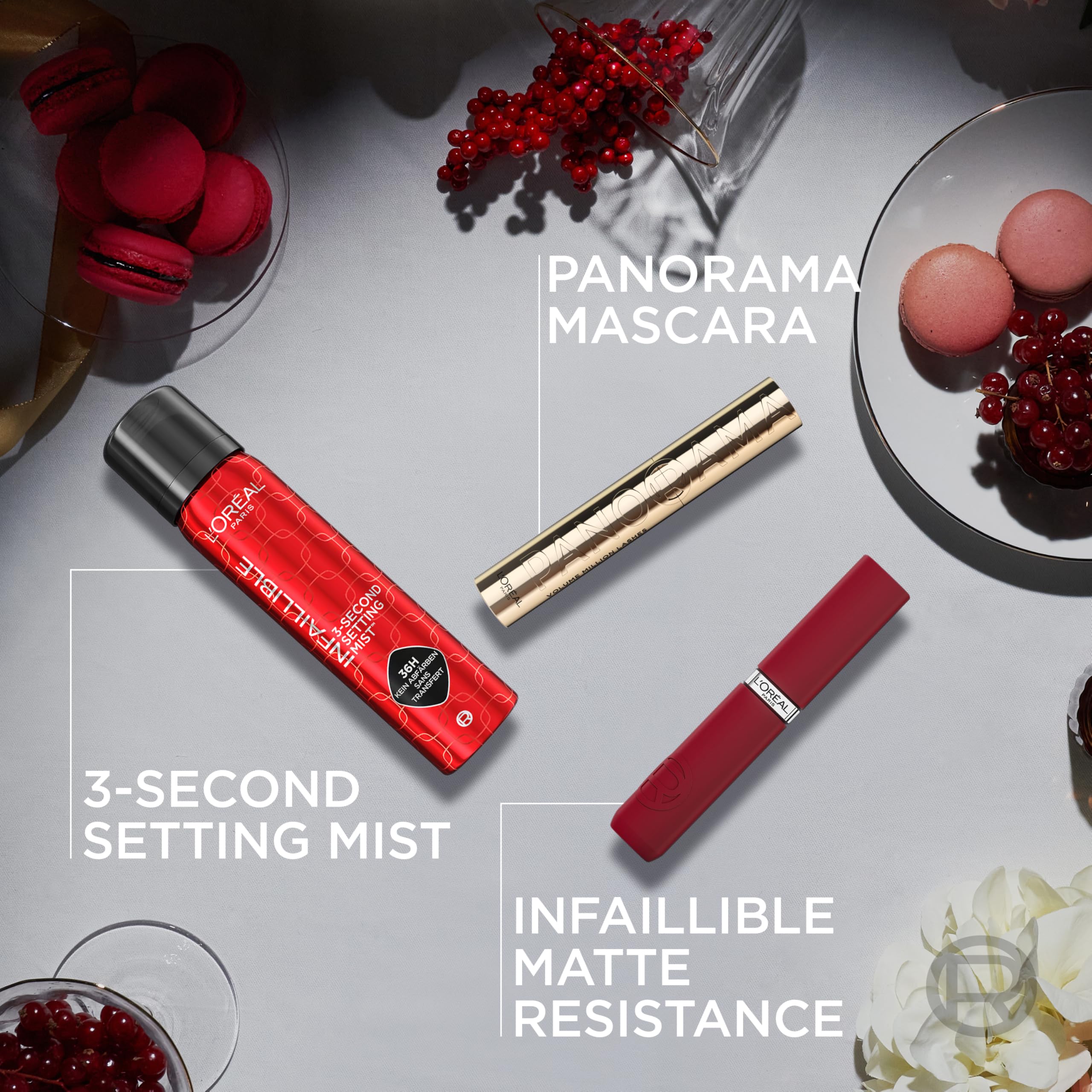 L'Oréal Paris Longwear Look Geschenkset: Panorama Mascara, Infaillible Matte Resistance, 3-Second Setting Mist & luxuriöse Beauty Bag, Für strahlende Schönheit und Longwear Look, 4-teilig