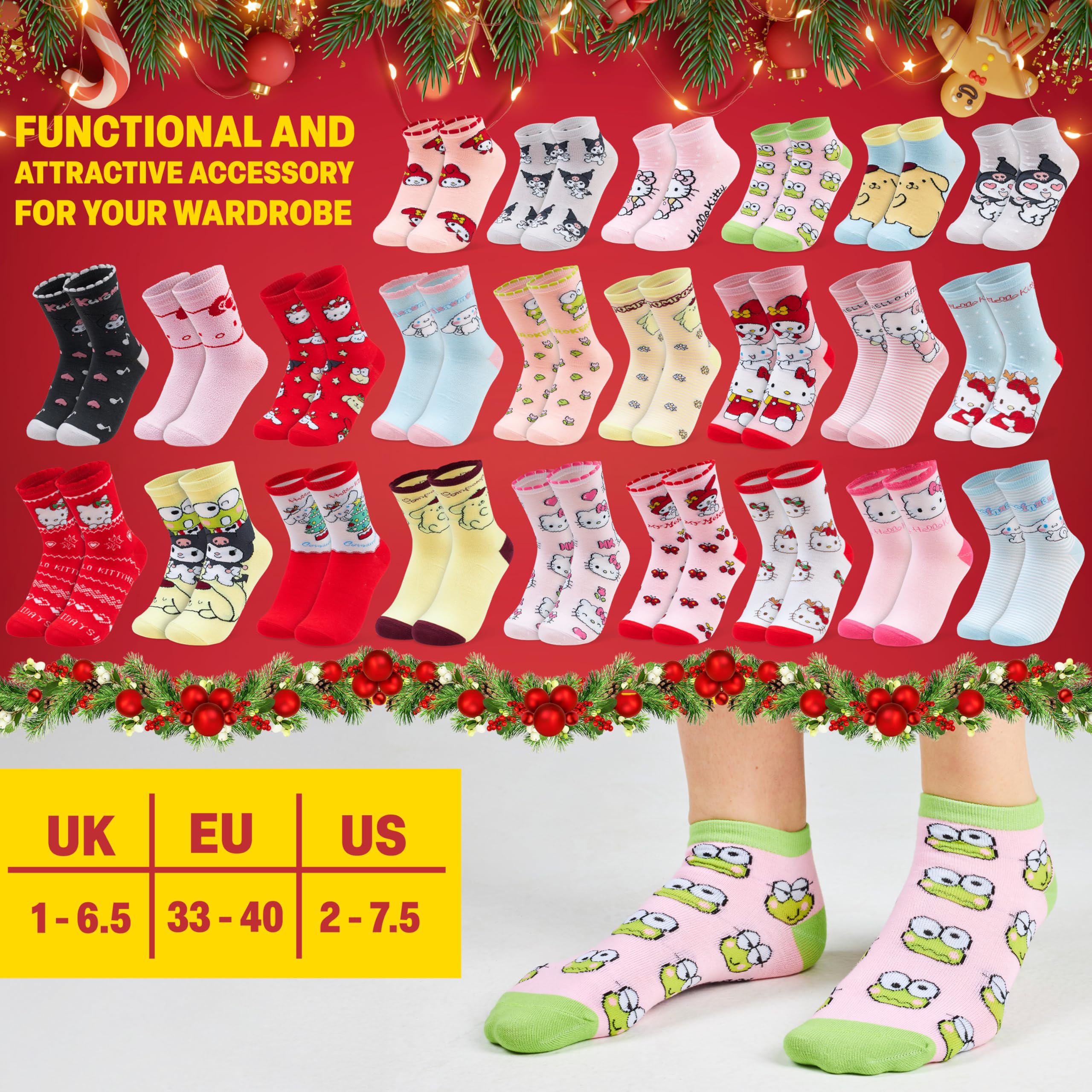 Hello Kitty Sanrio Calzini Donna Colorati EU 35-41, Pacco da 5 Morbido Traspirante Calze, Regalo Donna e Ragazza