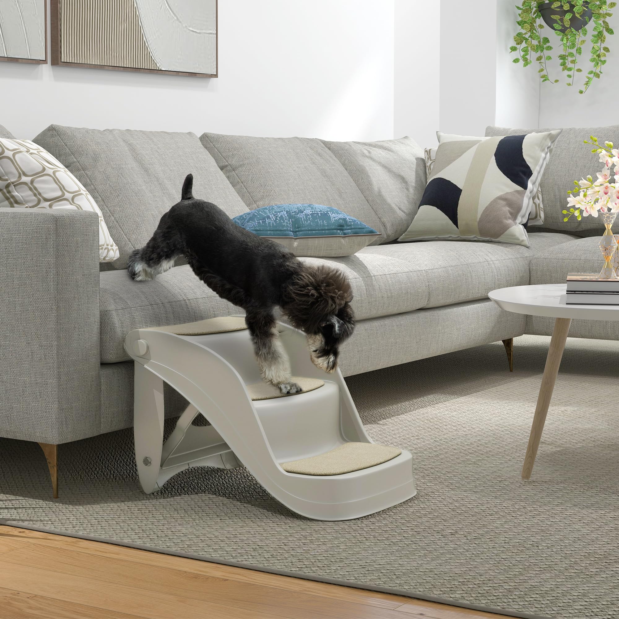 PawHut Escalera para Perros Pequeños Plegable de 3 Peldaños, Escalones para Mascotas con Alfombras Antideslizantes, Rampa para Perros para Cama, Sofá, Gris