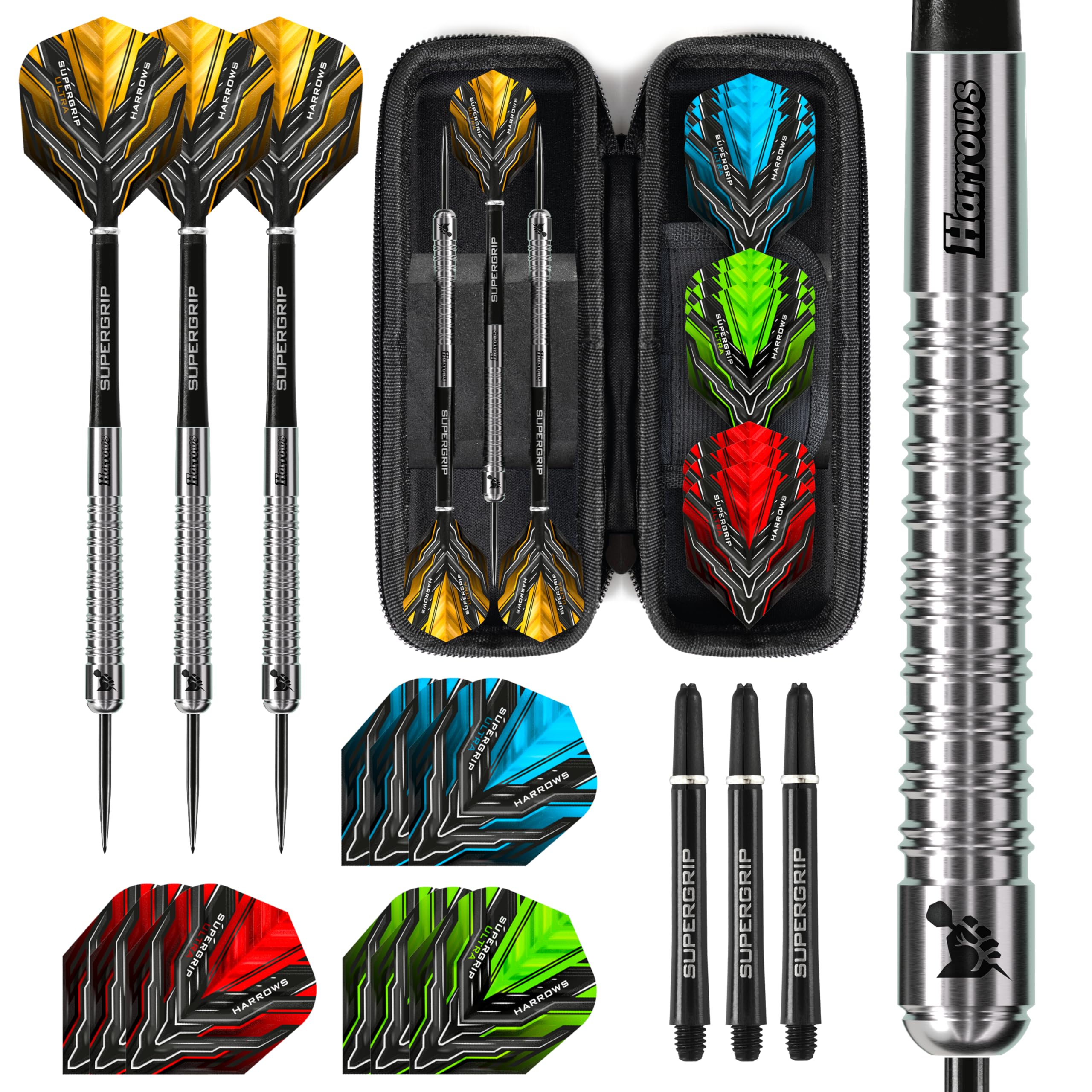 Harrows Supergrip Ultimate 90% Tungsten Steel Tip Darts Set โ Professional Darts for Adults โ 22g 24g 26g 28g โ 20 Piece Bundle with Flights, Shafts & FREE Blaze Dart Case (28g)