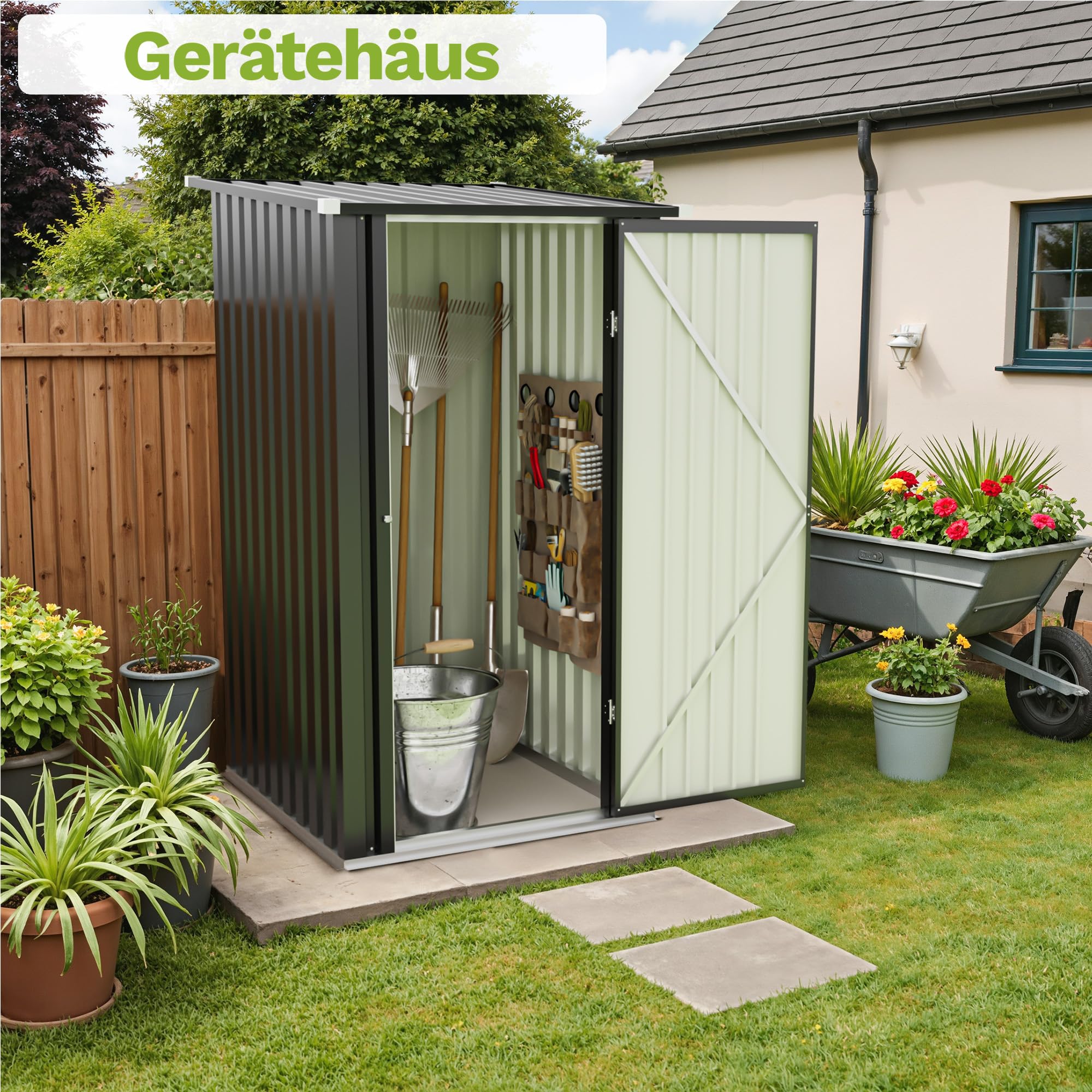 Triumphkey Metall Gerätehaus 1,5m³ 95x98x160 cm Wasserfest Geräteschuppen mit abschließbarer Tür und Pultdach Kleiner Gartenhaus für Hinterhof Terrasse und Rasen, Schwarz